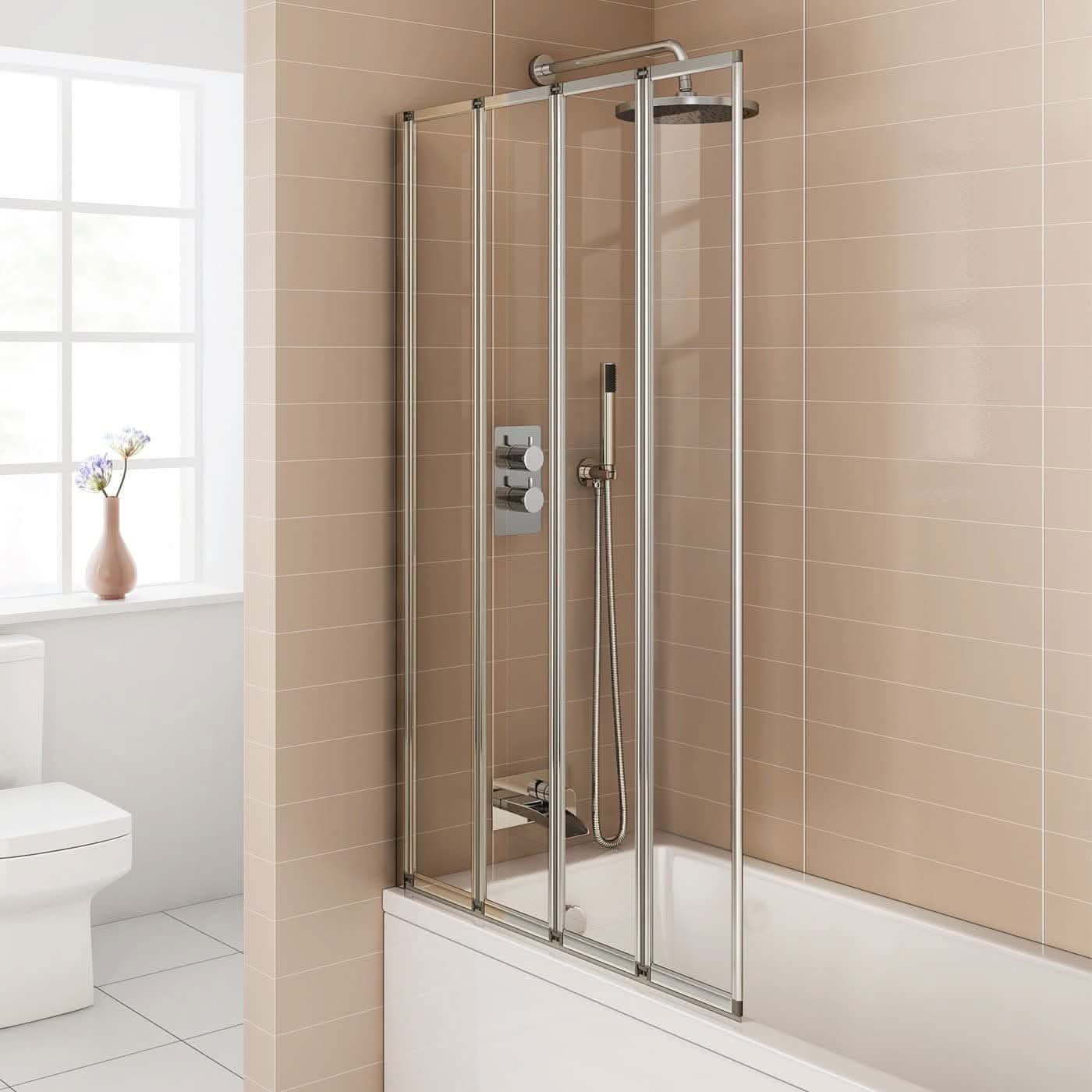 Modern Four Folding Bath Screen With Panel - 4mm Glass - 1400mm x 800mm - Chrome