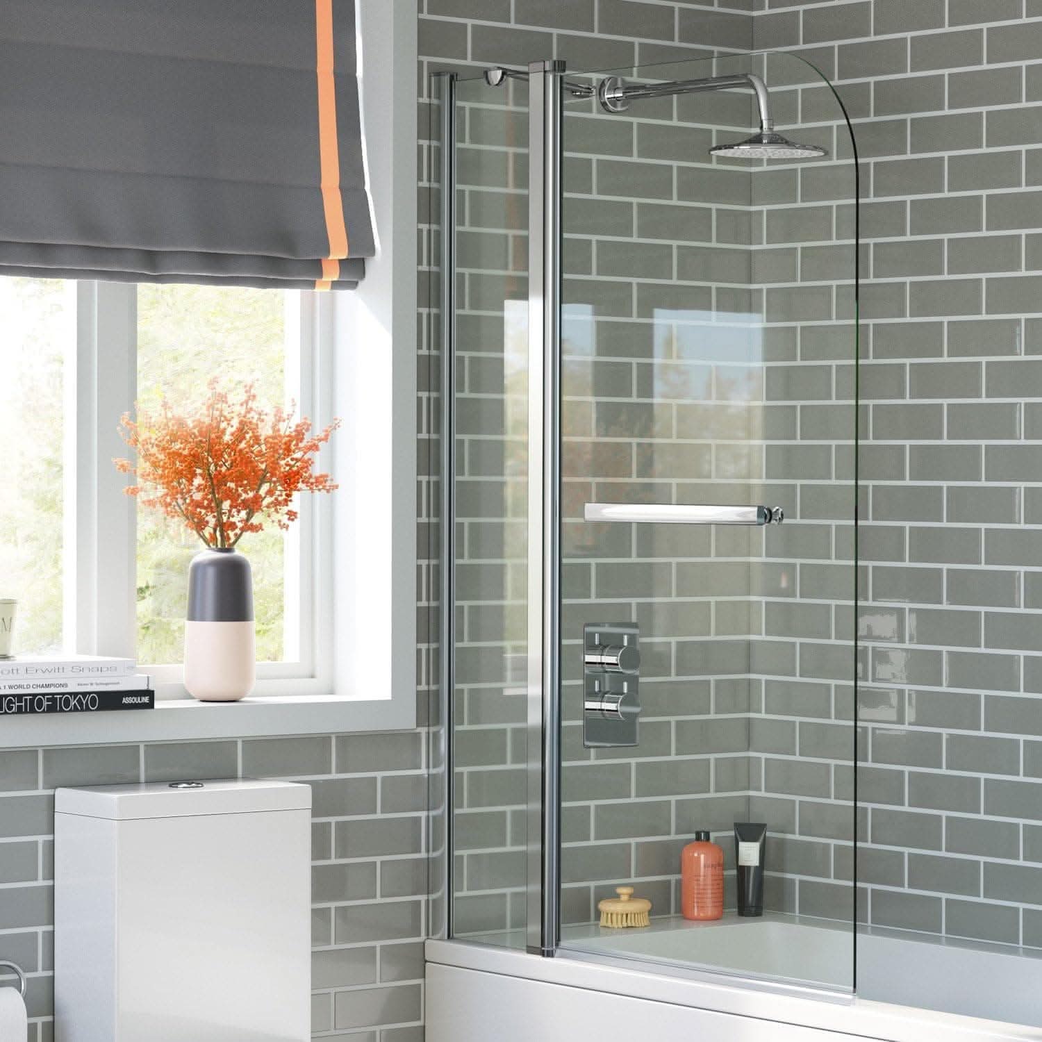 Modern Shower Bath Screen With Panel And Towel Rail - 1400mm x 1000mm - Chrome