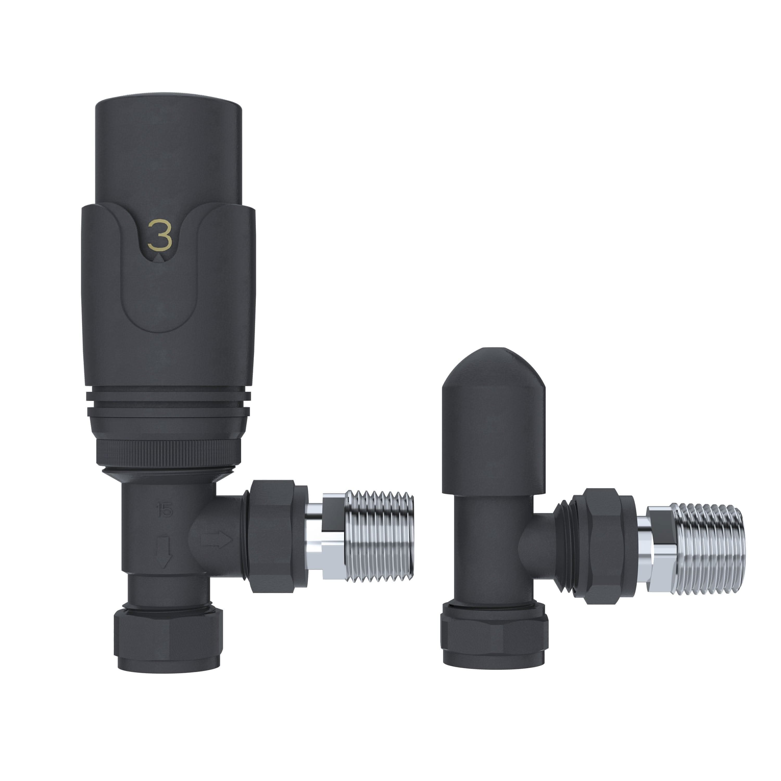 The iBathUK Pro 1/2 Thermostatic Radiator Valve TRV and Lockshield, both black with metallic threaded connectors, are displayed against a white background—one upright and one horizontal.