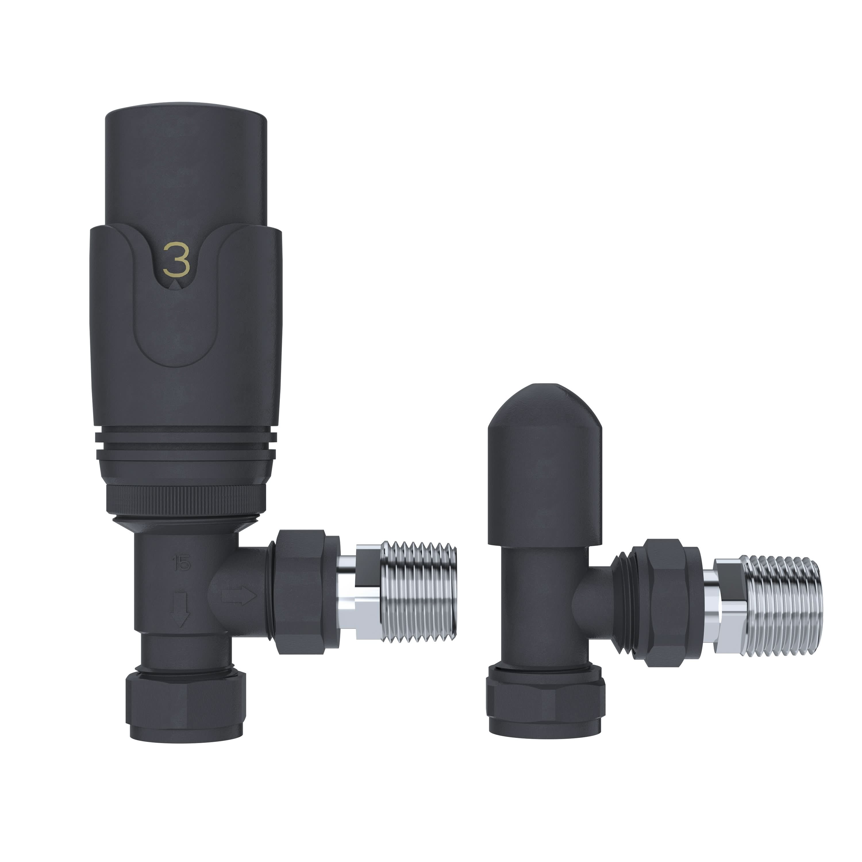 Two iBathUK Pro 1/2 Thermostatic Radiator Valve TRV and Lockshield valves in black and silver metal are displayed side by side against a white background.