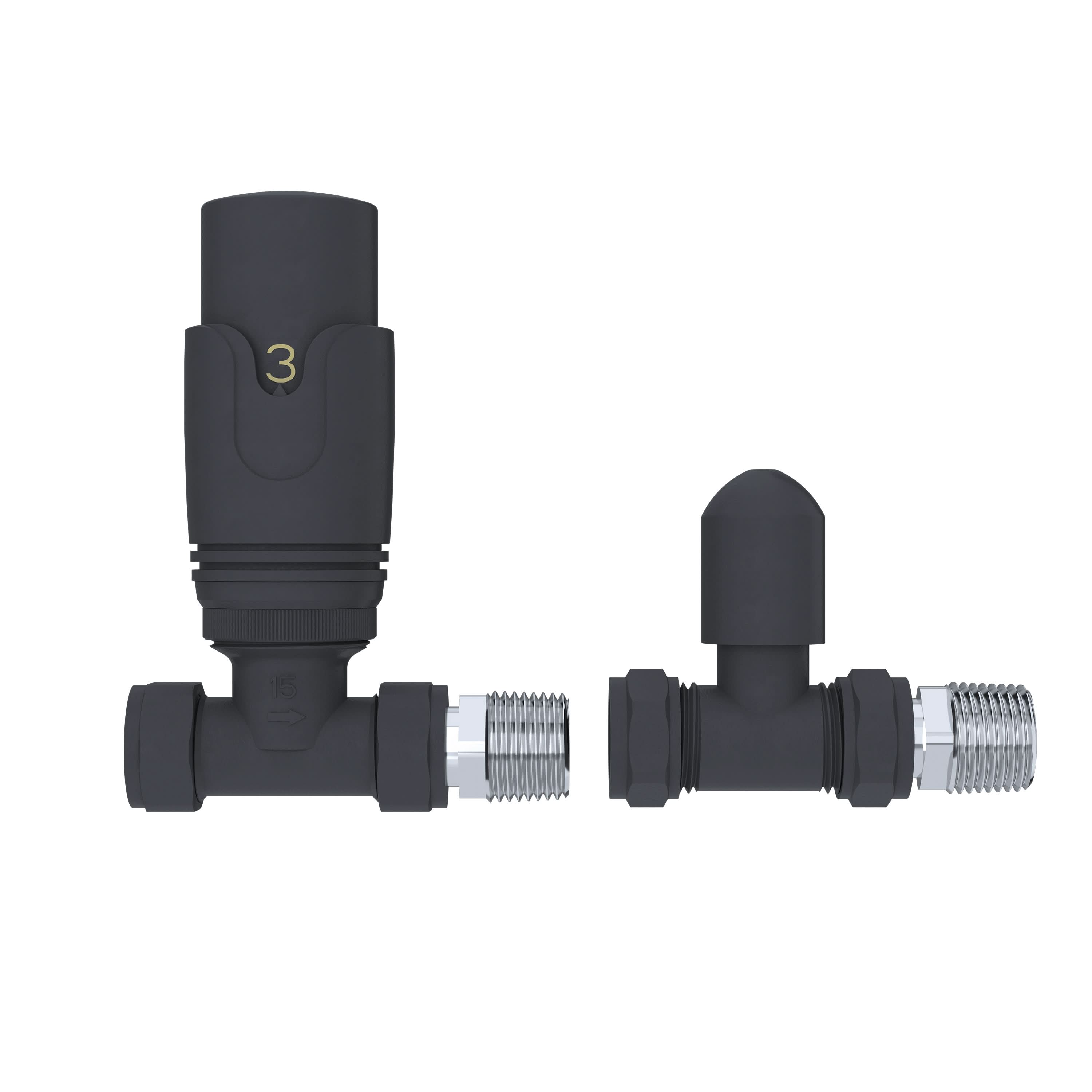 The iBathUK Pro 1/2 Thermostatic Radiator Valve TRV + Lockshield, shown in dark grey with metallic threaded ends on a white background, is perfect for precise radiator control in heating systems.