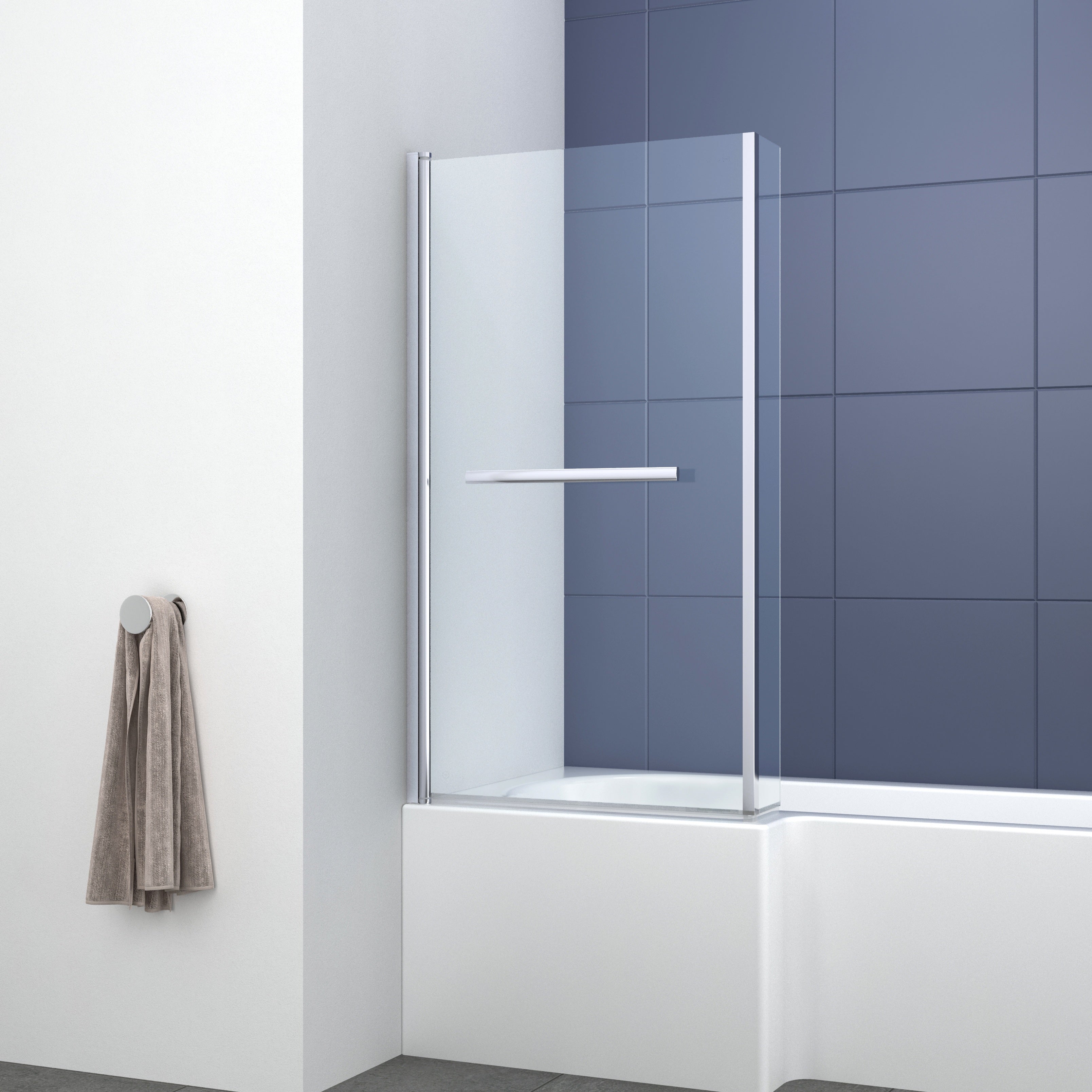 Modern L Shaped Shower Bath Screen With Towel Rail - Chrome