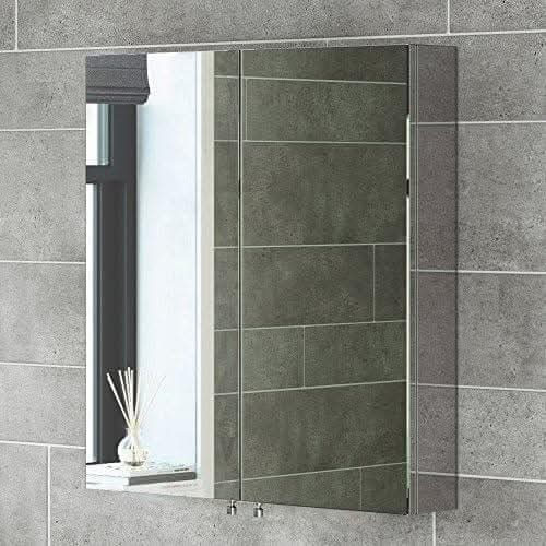 iBathUK Vienna Bathroom Mirror Cabinet 600 x 670mm, Single Door Stainless Steel Storage Cabinet - Silver