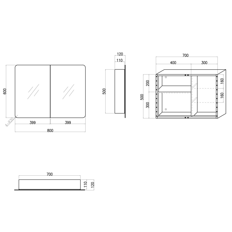 Wall Mount Double Door Non Illuminated Mirror Cabinet - 600mm x 800mm