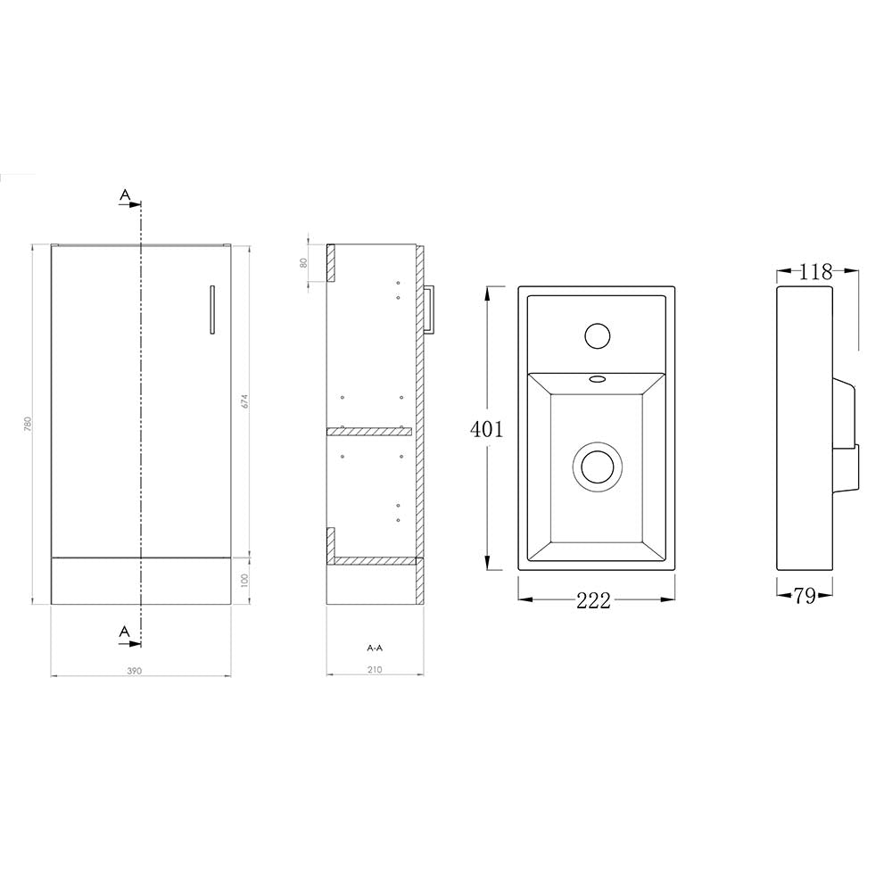 Mini 1 Door Cloakroom Floorstanding vanity Unit With Square Basin - 1 Tap Hole - 400mm x 781mm