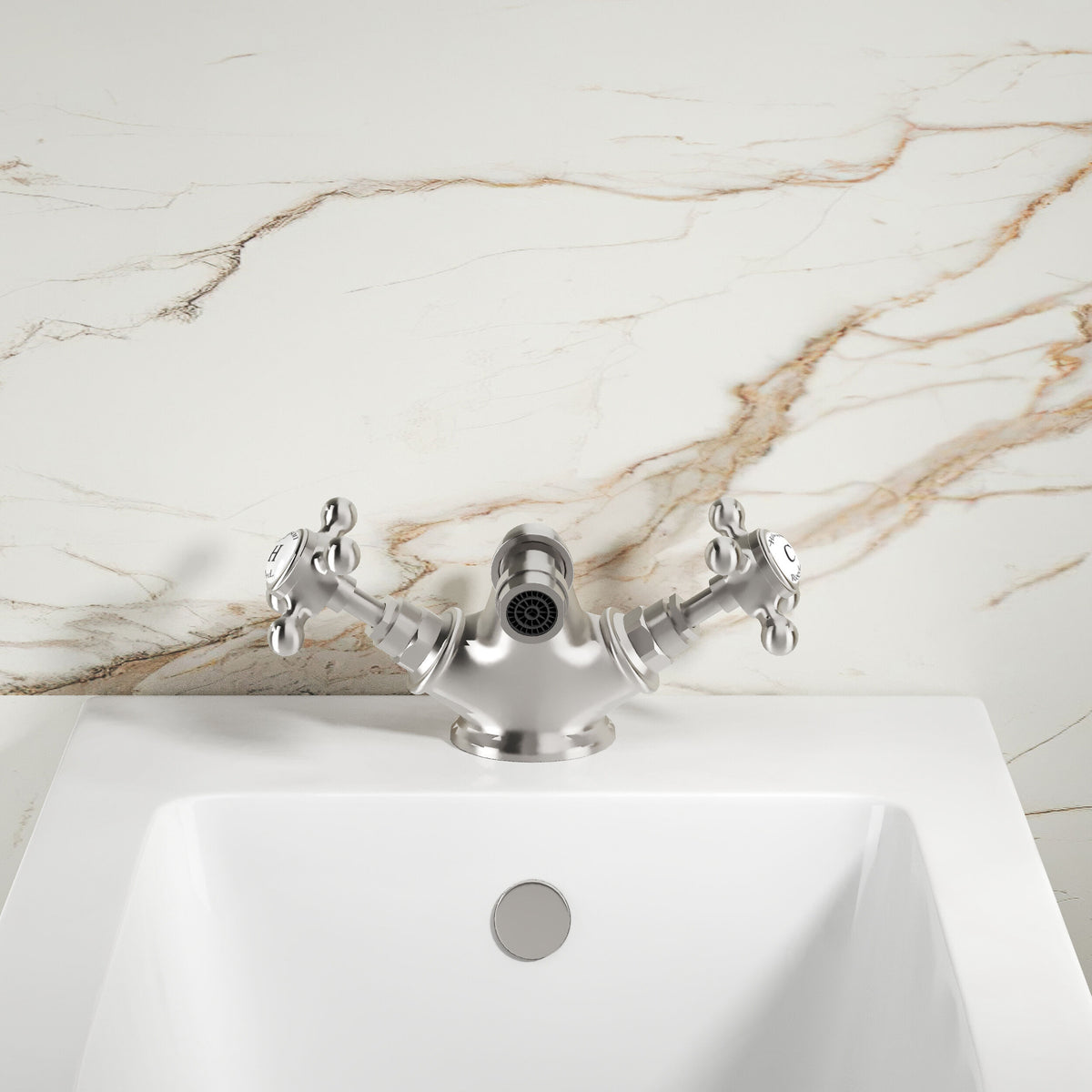 Claremont Hexagonal Collar Crosshead Handle Bidet Mixer Tap With Waste