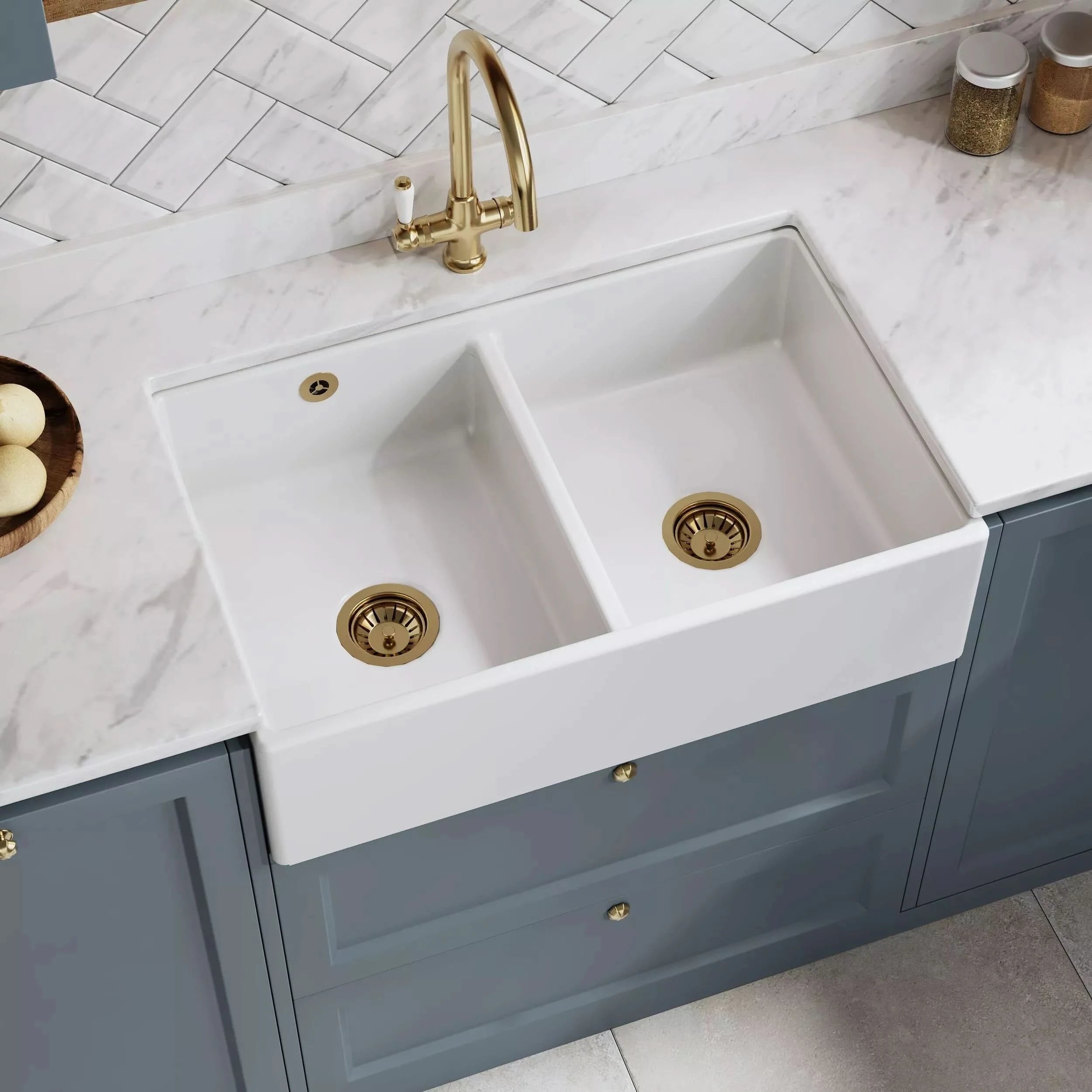 Nuie Double Bowl Butler Sink With Stepped Weir And Overflow - 1 Tap Hole - White
