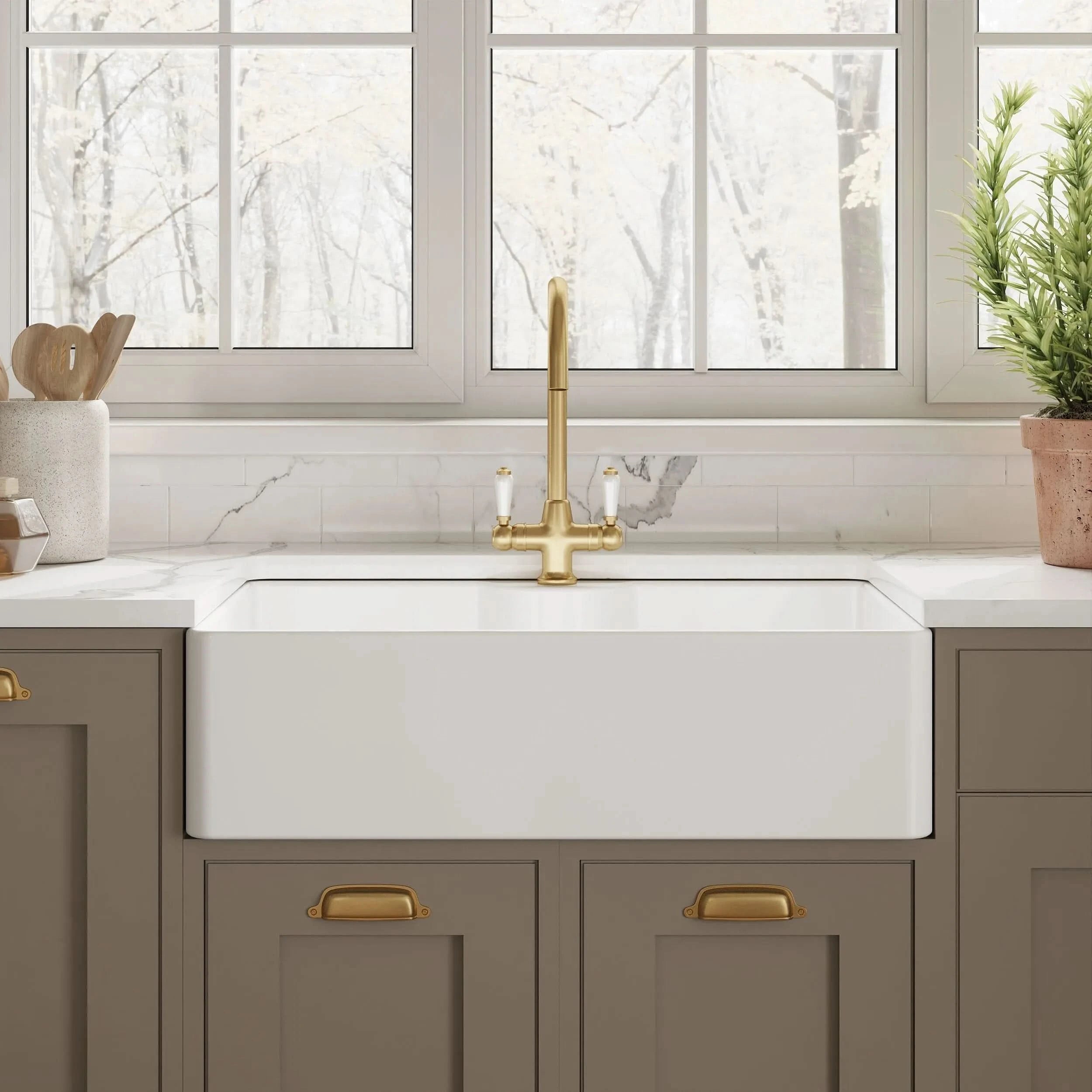 Nuie Single Bowl Butler Sink With Offset Waste And Tap Ledge - White