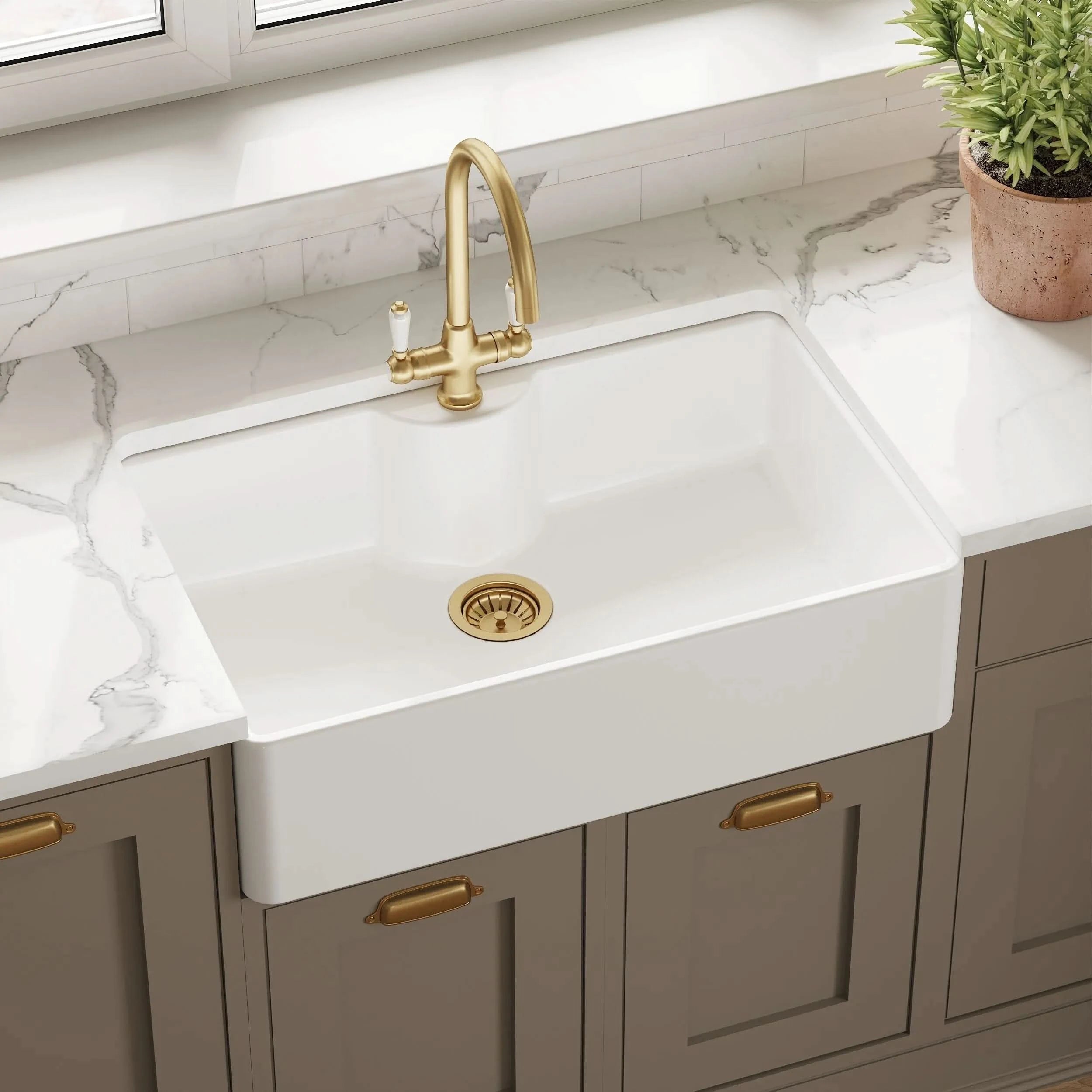 Nuie Single Bowl Butler Sink With Offset Waste And Tap Ledge - White
