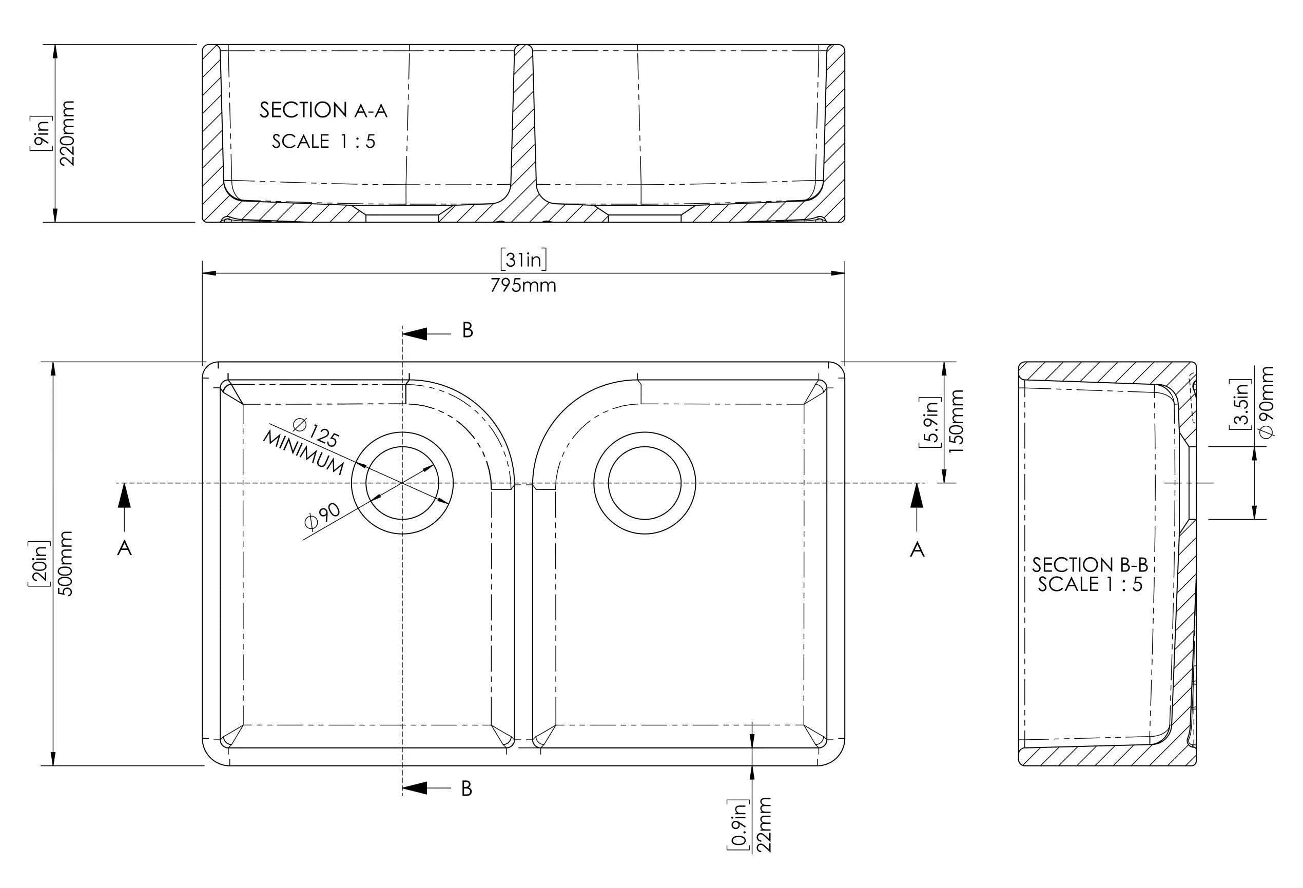 Nuie 795mm Double Bowl Butler Sink With Offset Waste And Full Weir