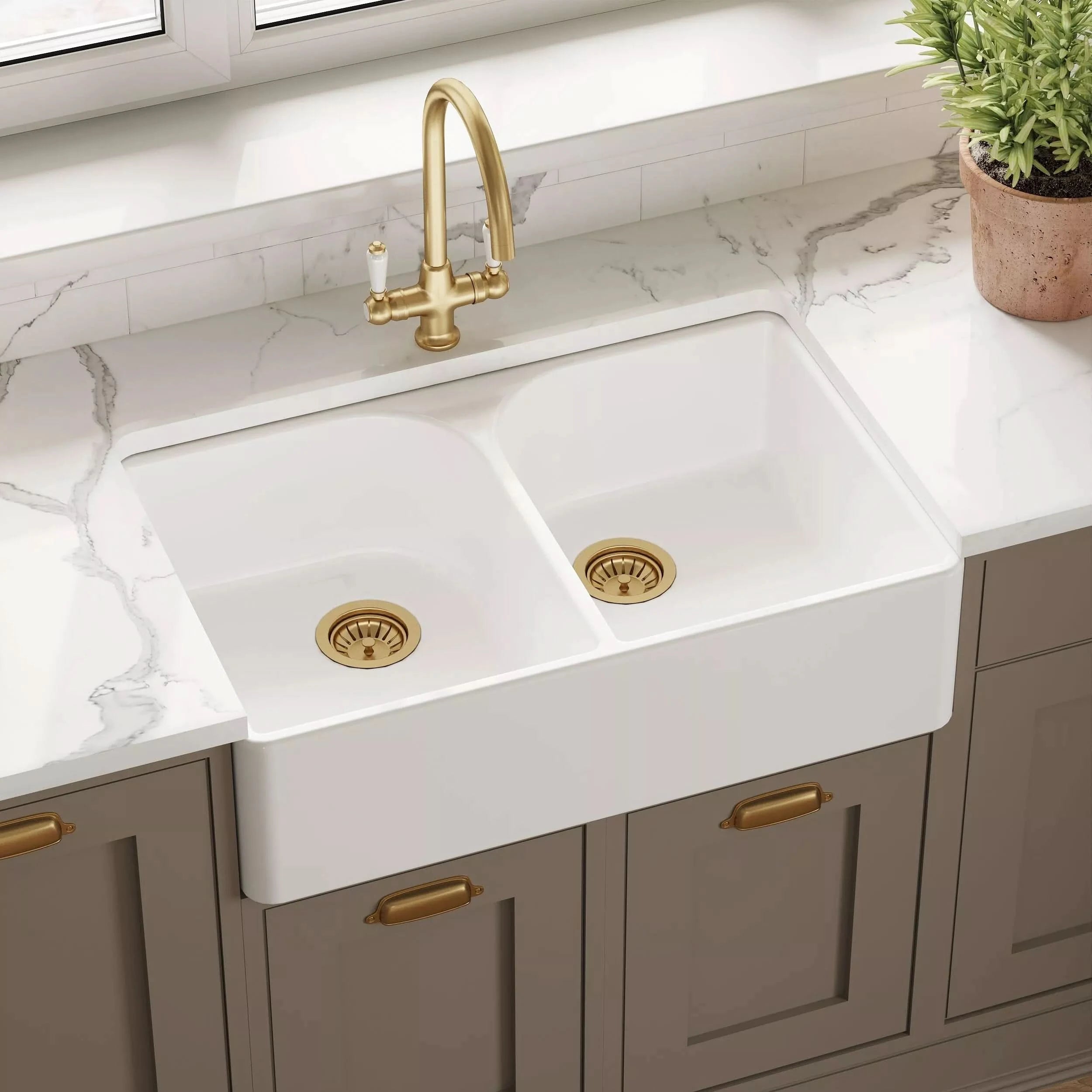 Nuie 795mm Double Bowl Butler Sink With Offset Waste And Full Weir