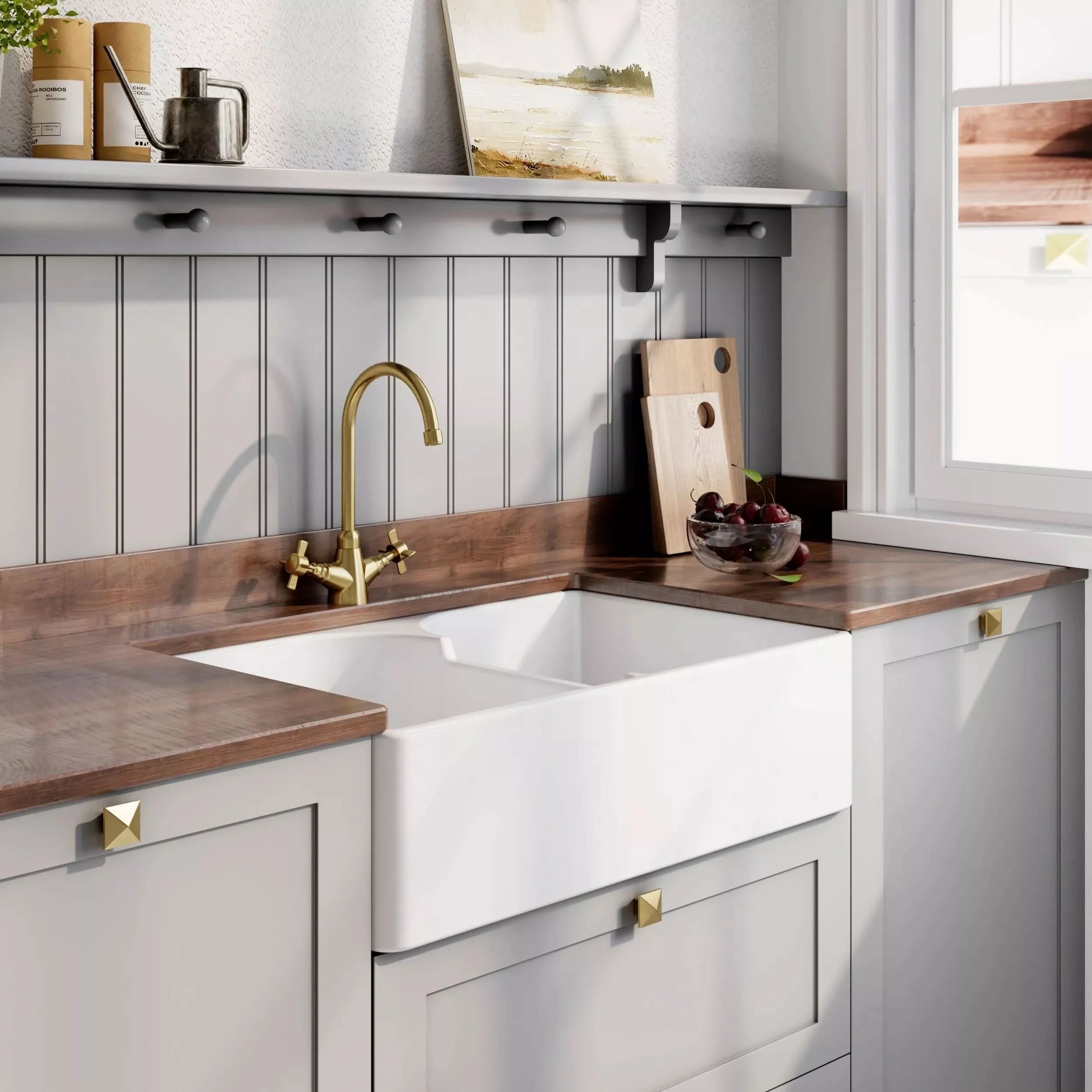 Nuie 795mm Double Bowl Butler Sink With Offset Waste And Stepped Weir - White