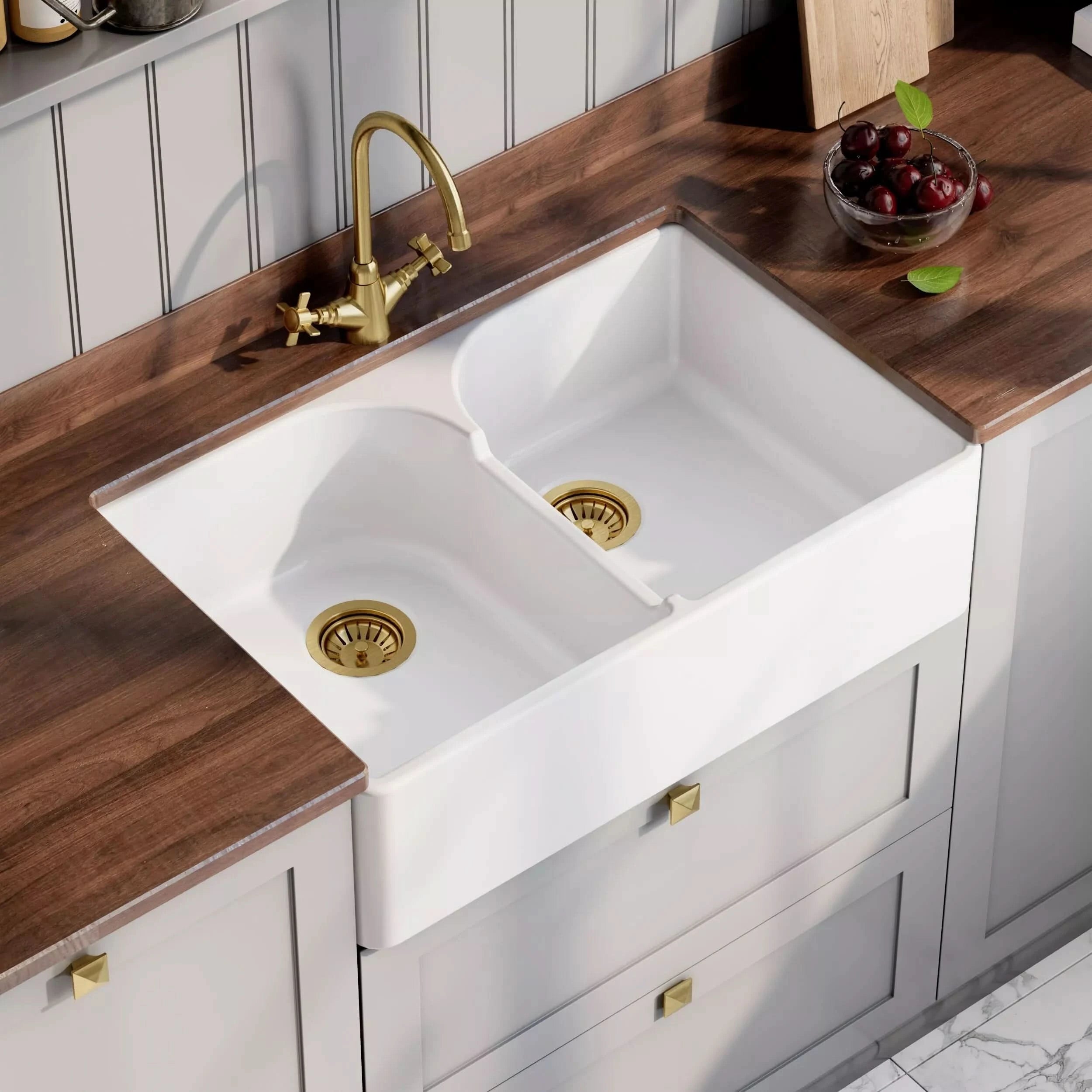 Nuie 795mm Double Bowl Butler Sink With Offset Waste And Stepped Weir - White