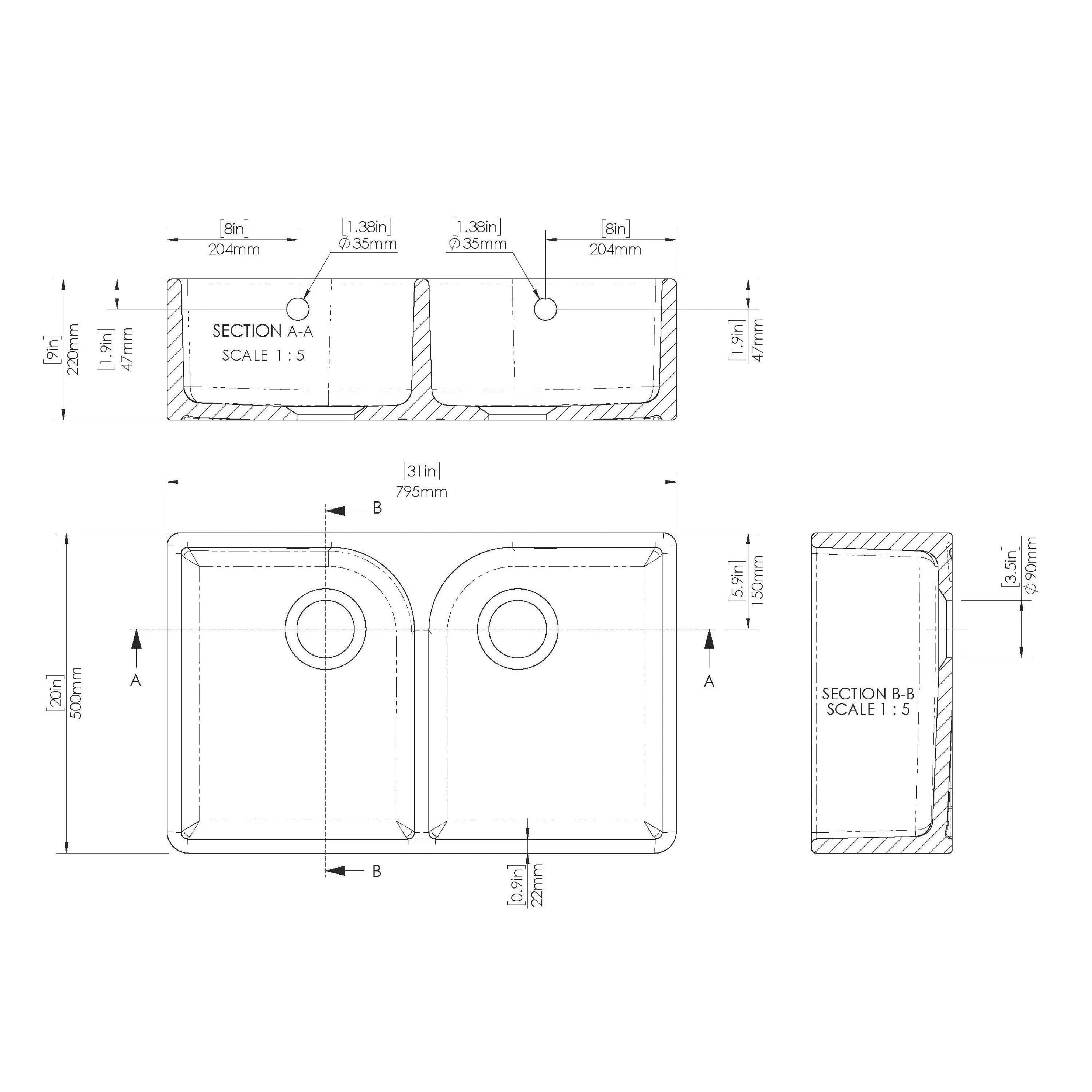 Nuie 795mm Double Bowl Butler Sink With Full Weir And Overflow - White