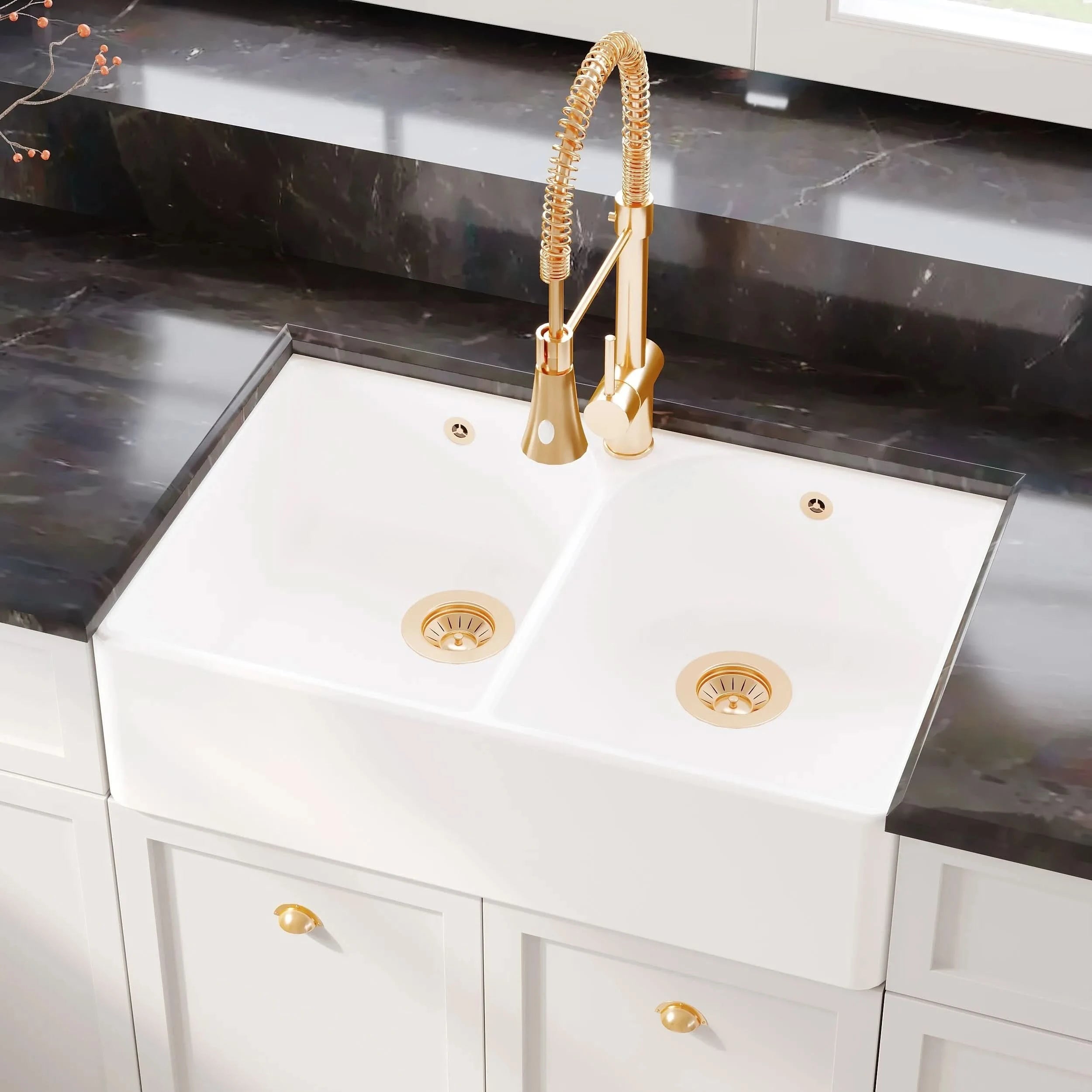 Nuie 795mm Double Bowl Butler Sink With Full Weir And Overflow - White
