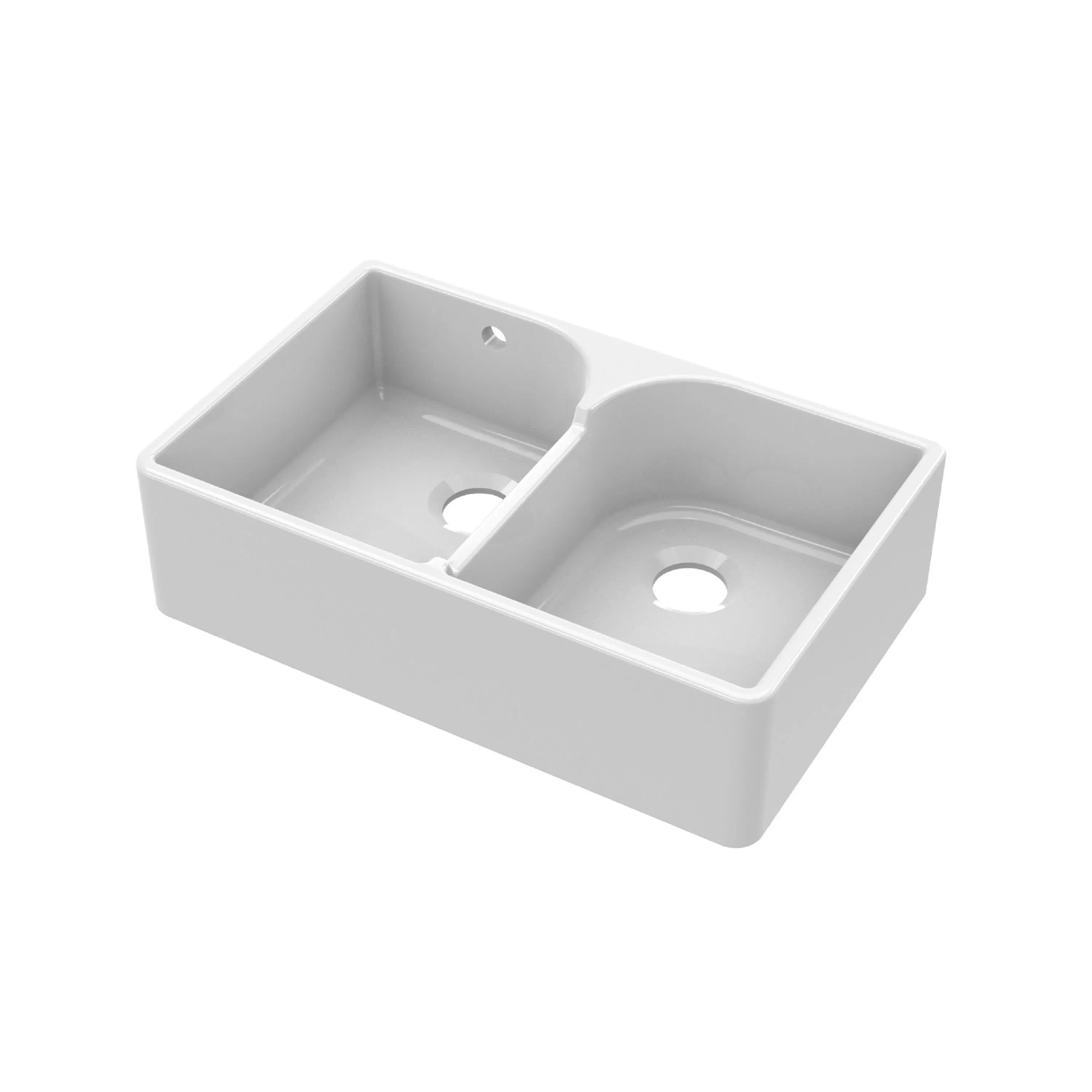 Nuie Double Bowl Butler Sink With Stepped Weir And Overflow - White
