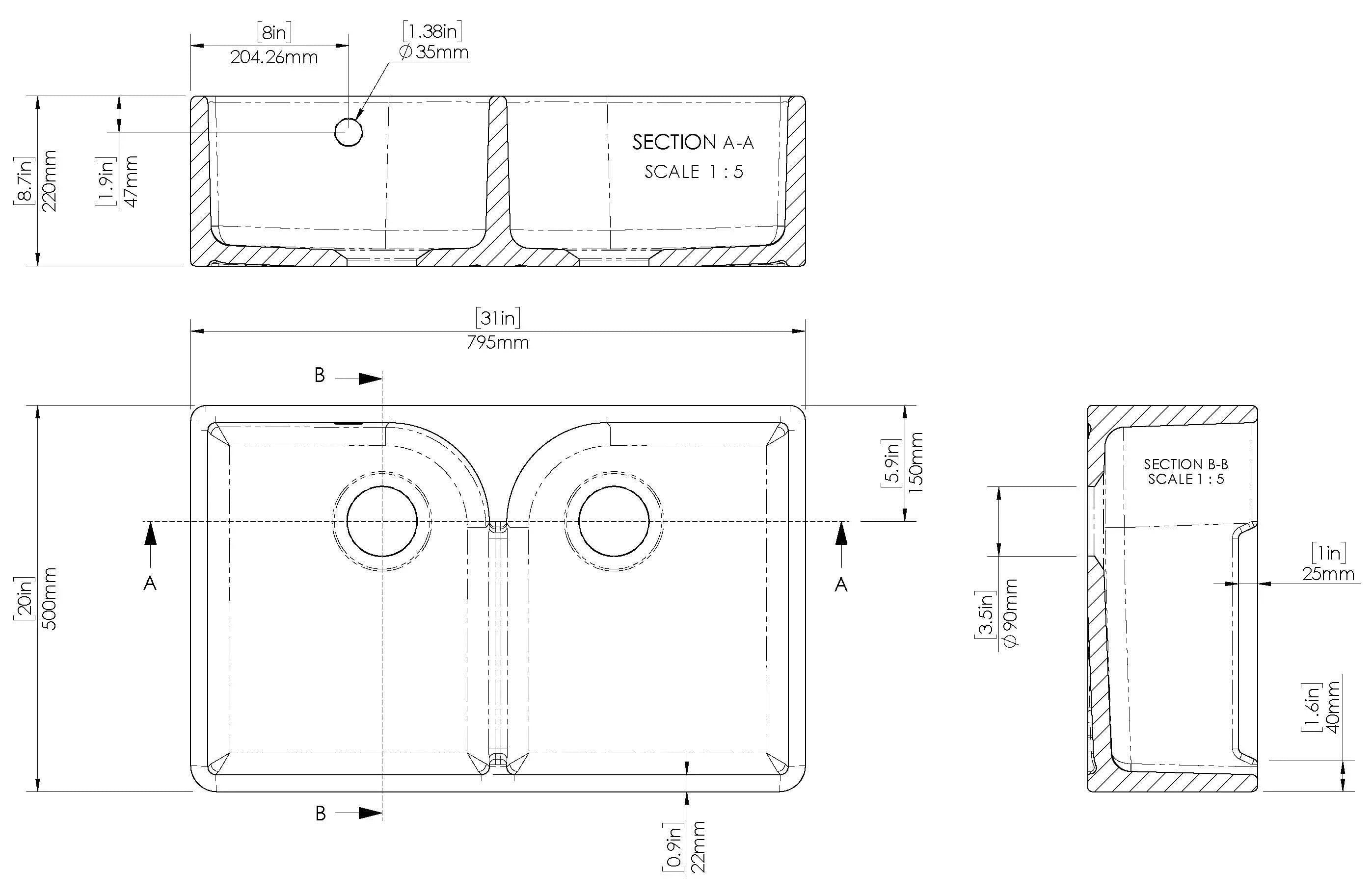 Nuie Double Bowl Butler Sink With Stepped Weir And Overflow - White