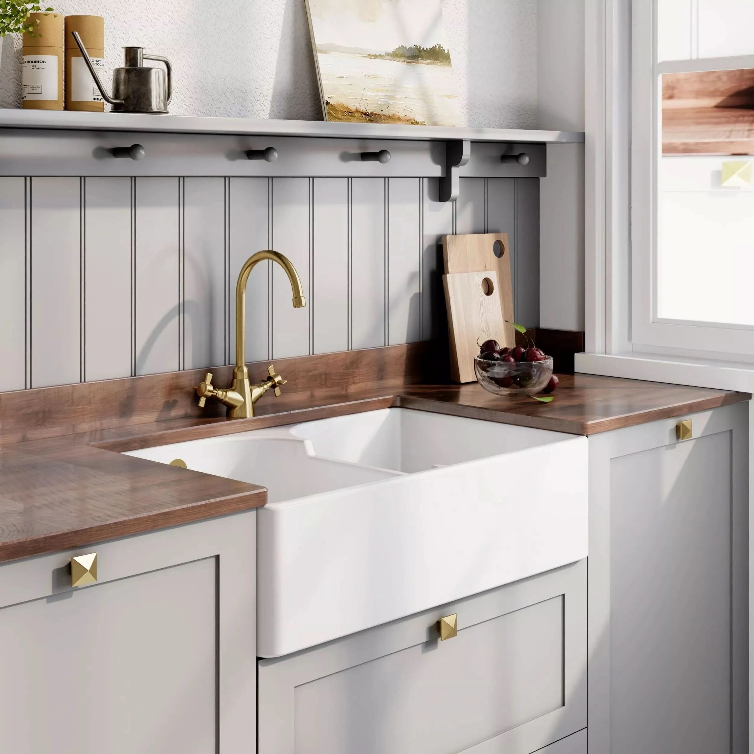 Nuie Double Bowl Butler Sink With Stepped Weir And Overflow - White