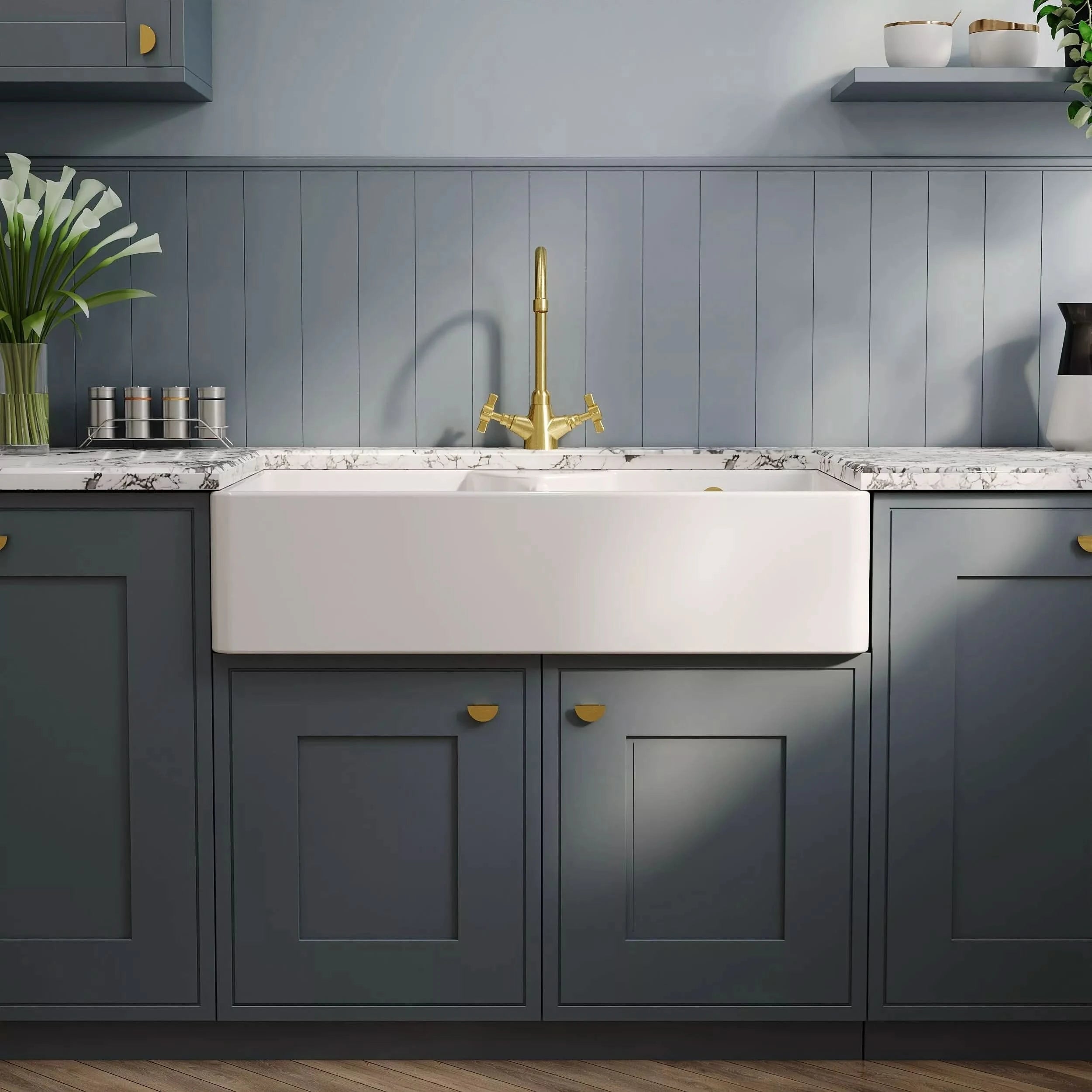 Nuie Double Bowl Butler Sink With Stepped Weir And Overflow - White
