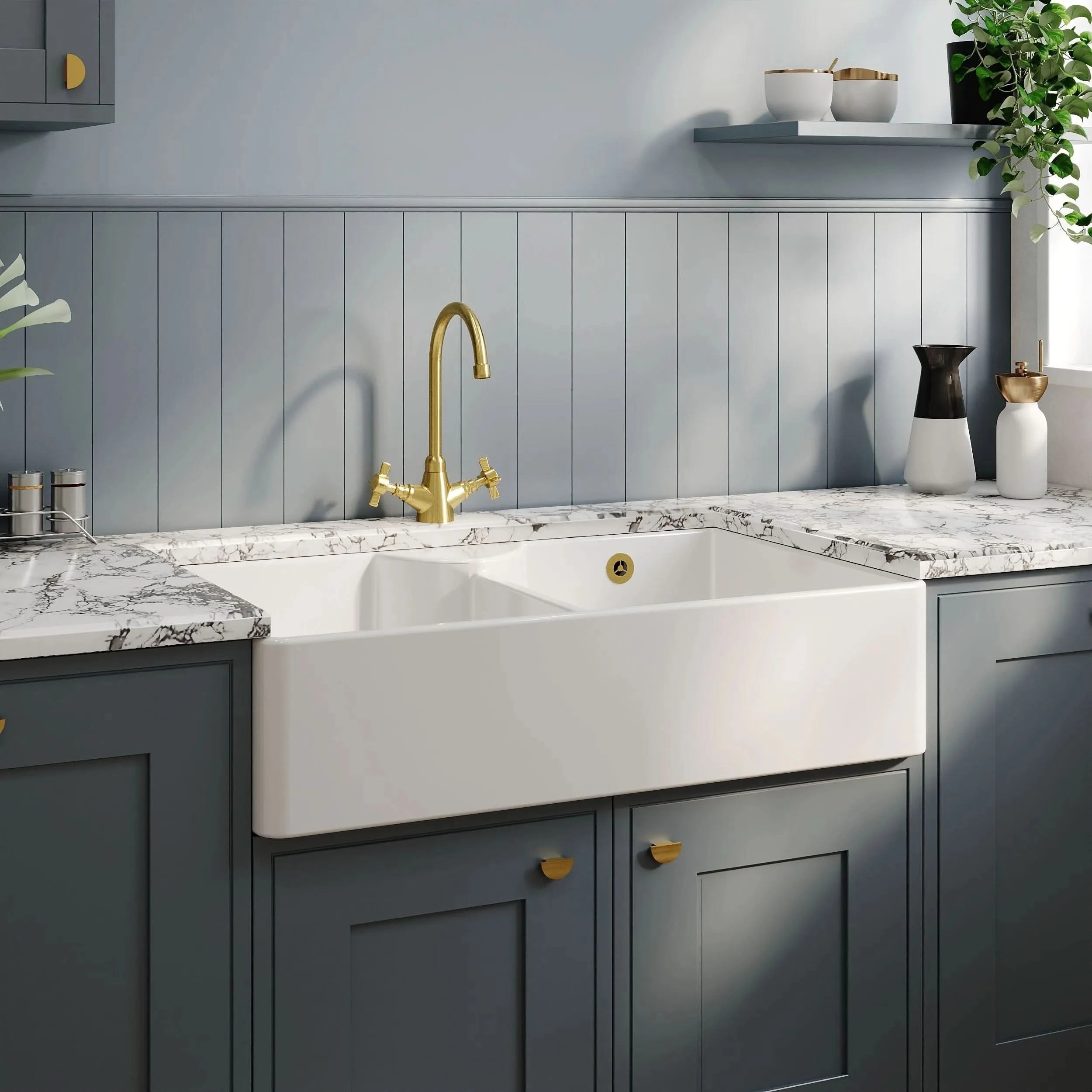 Nuie Double Bowl Butler Sink With Stepped Weir And Overflow - White