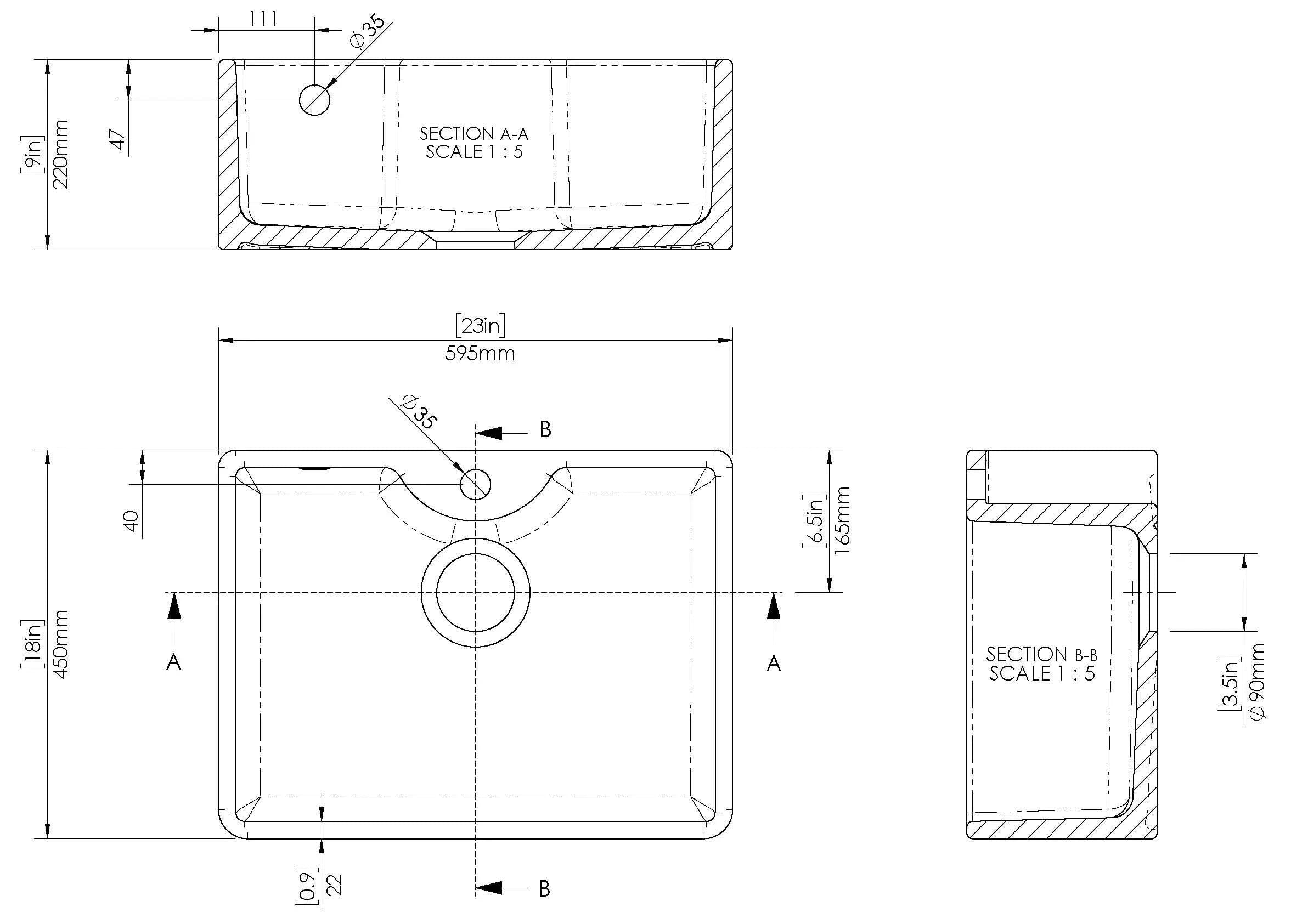 Nuie 595mm Single Bowl Butler Sink With Offset Waste And Overflow - 1 Tap Hole - White