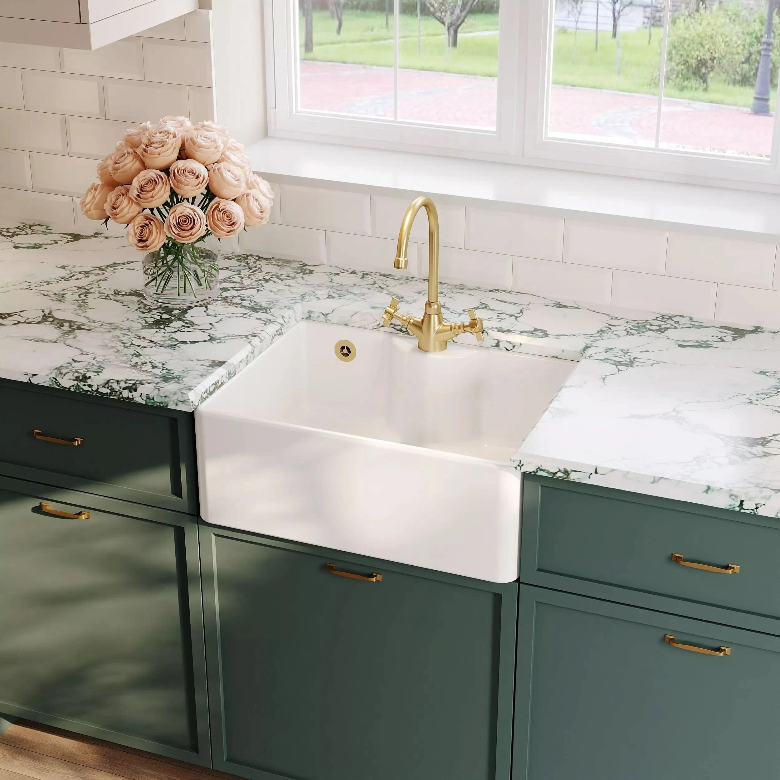Nuie 595mm Single Bowl Butler Sink With Offset Waste And Overflow - 1 Tap Hole - White