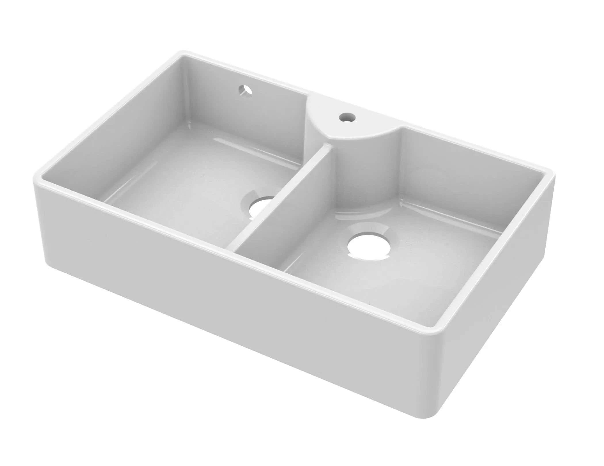 Nuie Double Bowl Butler Sink With Stepped Weir And Overflow - 1 Tap Hole - White
