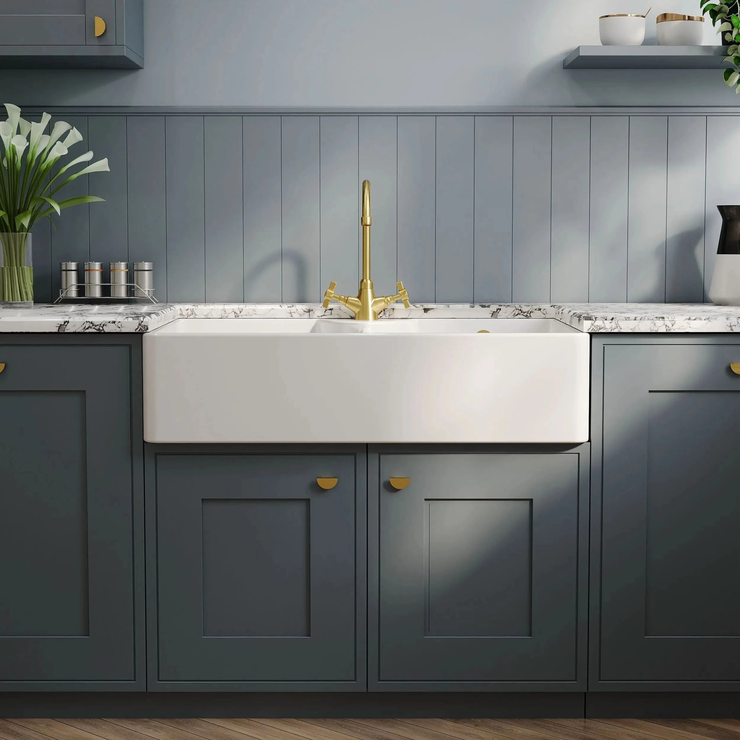 Nuie Double Bowl Butler Sink With Stepped Weir And Overflow - 1 Tap Hole - White