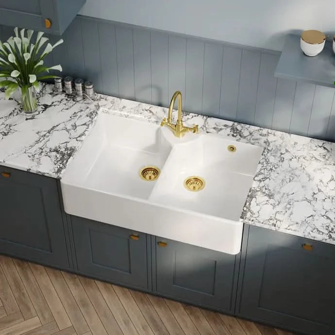 Nuie Double Bowl Butler Sink With Stepped Weir And Overflow - 1 Tap Hole - White