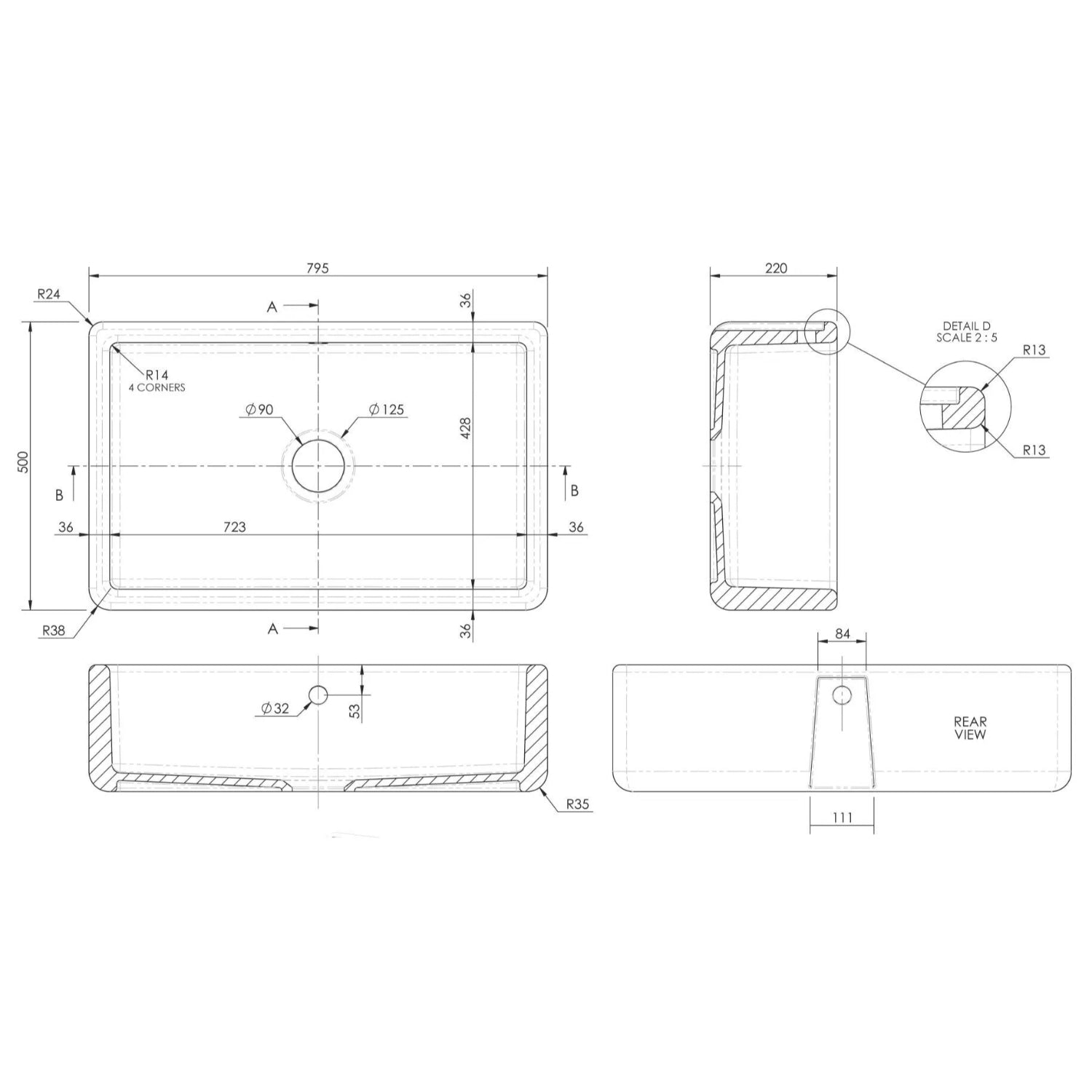 Nuie Single Bowl Traditional Thick Walled Butler Sink - White