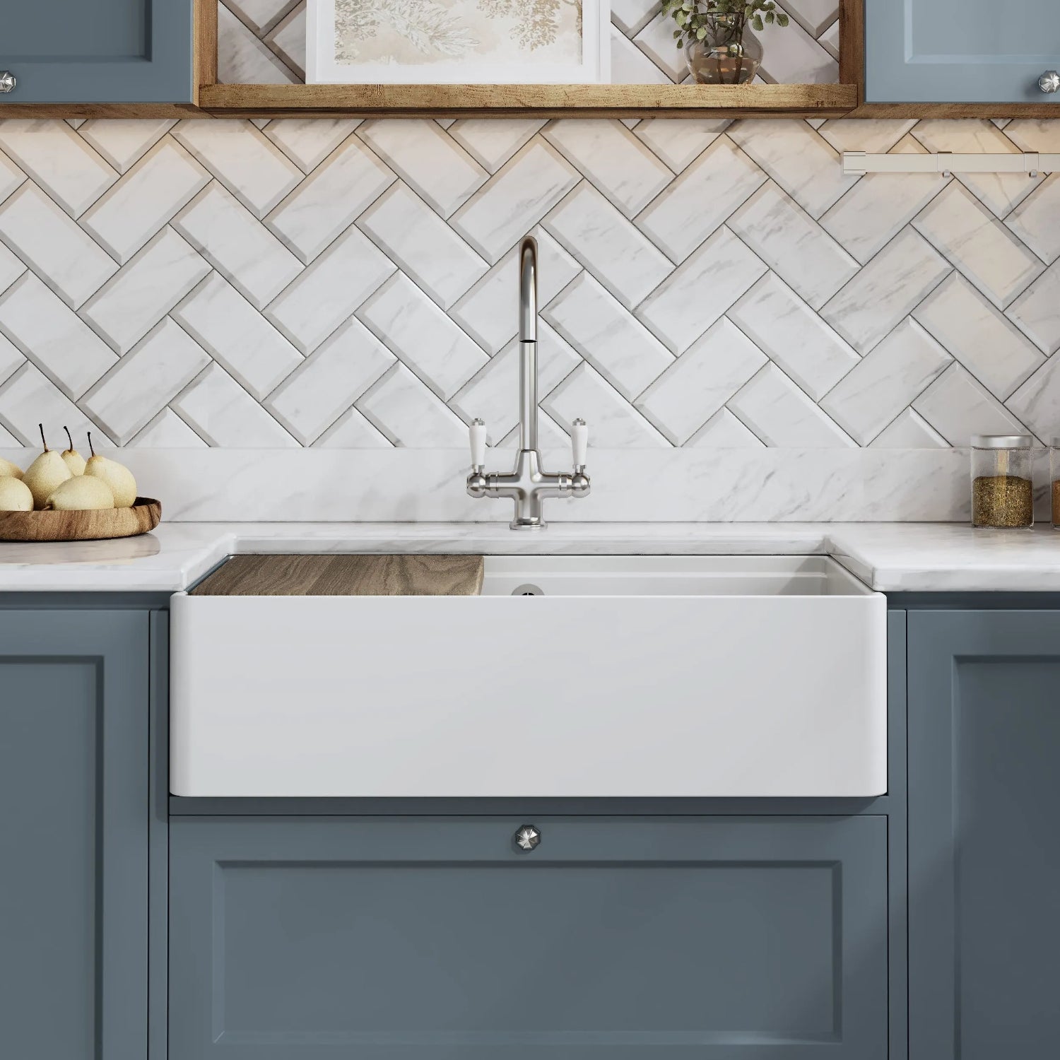 Nuie Butler Sink With Ledge, Wire Grid And Chopping Board - White