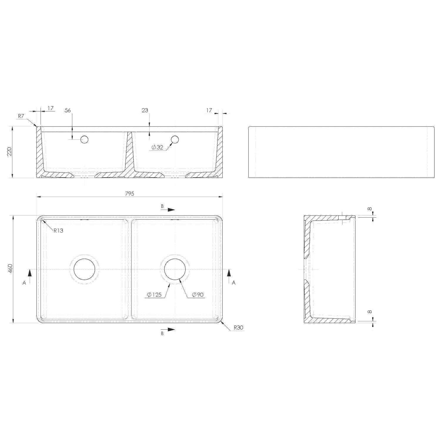Nuie Butler Sink With Ledge - White