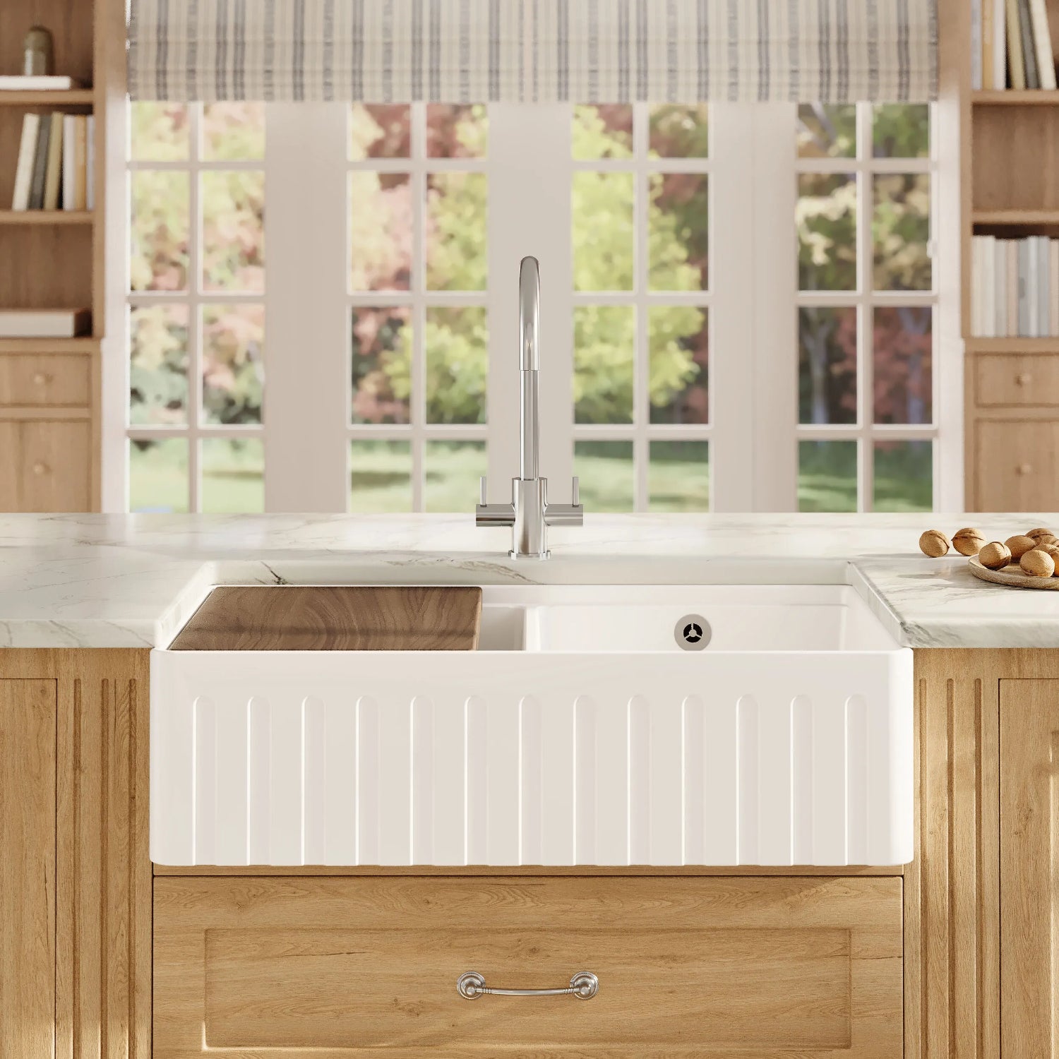 Nuie Butler Sink With Ledge, Wire Grid And Chopping Board - White
