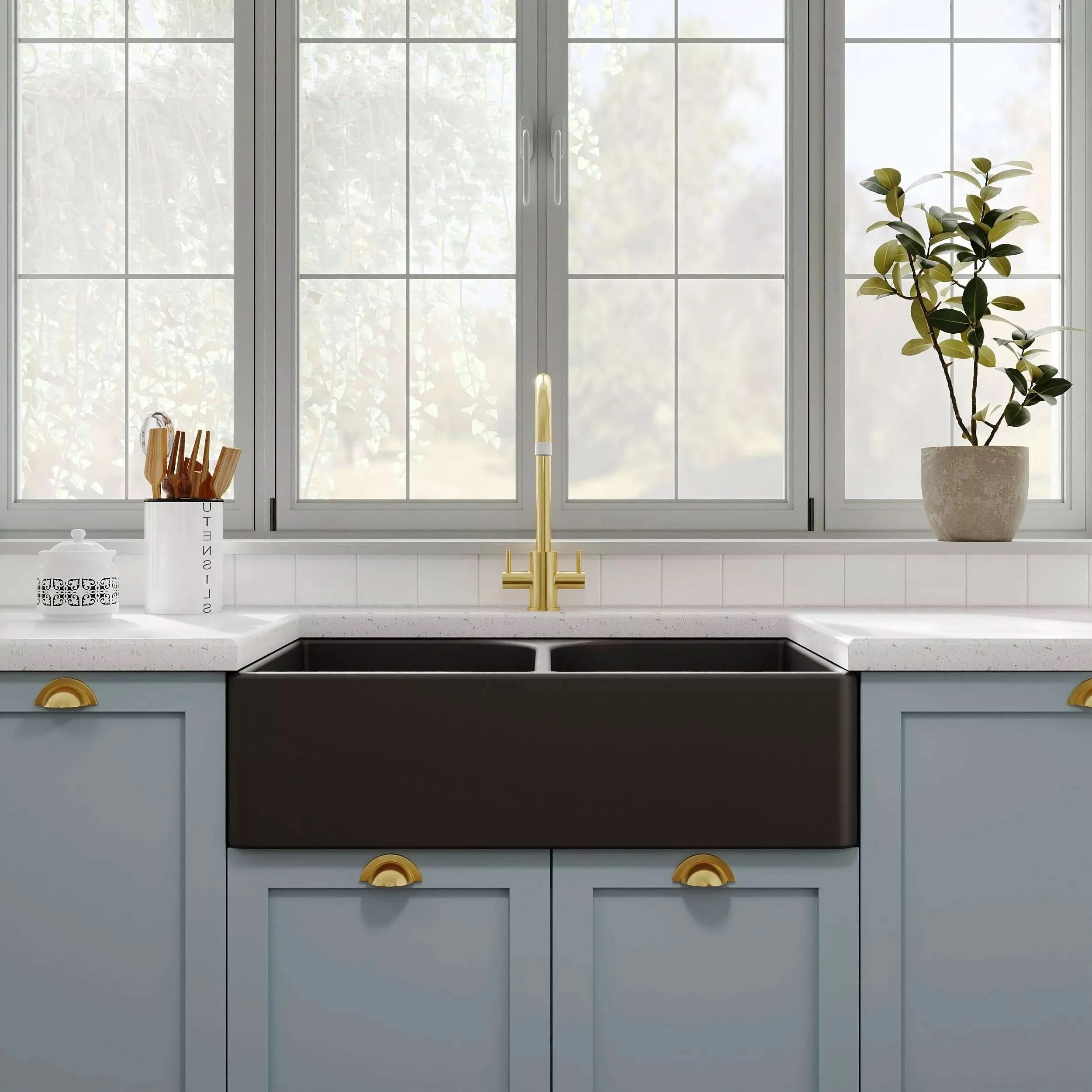 Nuie 795mm Double Bowl Butler Sink With Offset Waste And Full Weir