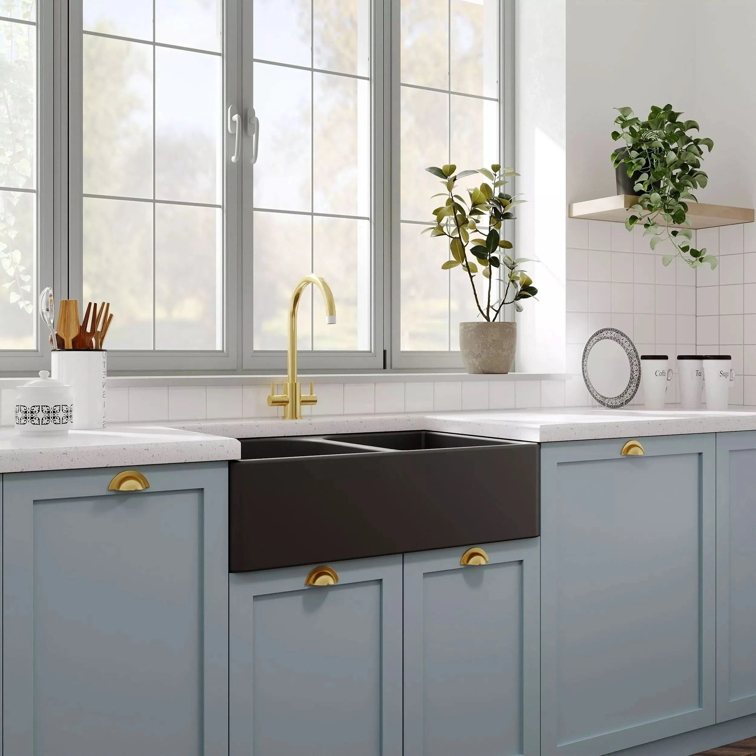 Nuie 795mm Double Bowl Butler Sink With Offset Waste And Full Weir