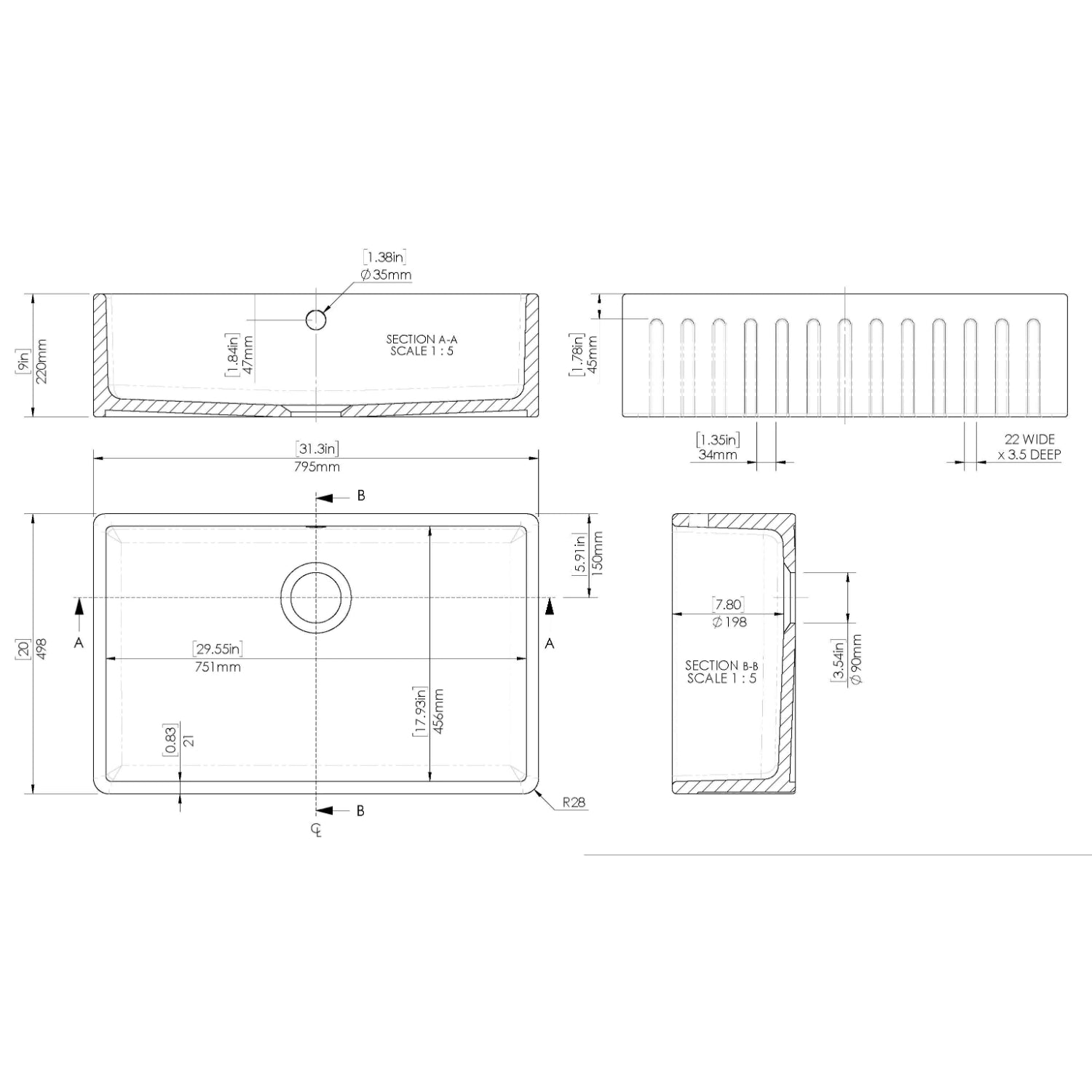 Nuie Single Bowl Fluted Butler Sink With Offset Waste And Overflow - White