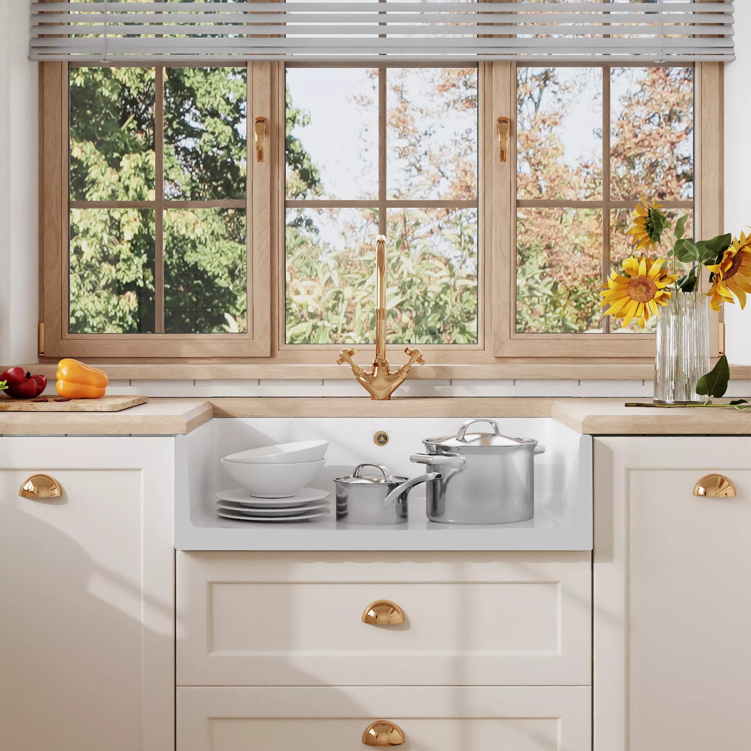 Nuie Single Bowl Fluted Butler Sink With Offset Waste And Overflow - White
