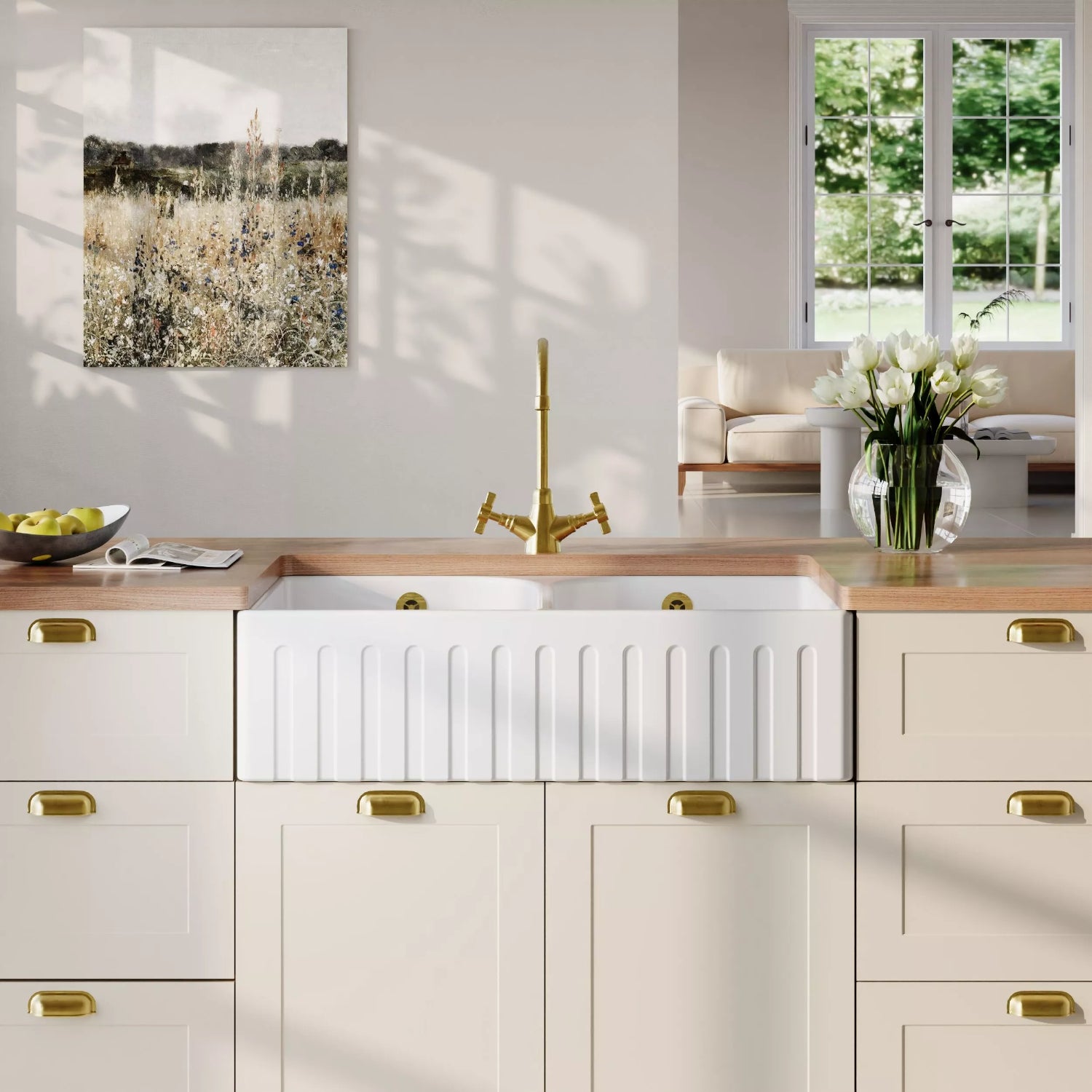 Nuie Double Bowl Fluted Butler Sink With Full Weir, Central Waste And Overflow - White