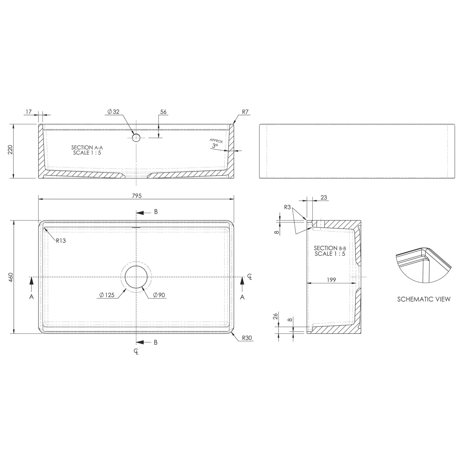 Nuie Fluted Butler Sink With Ledge, Wire Grid And Chopping Board - White