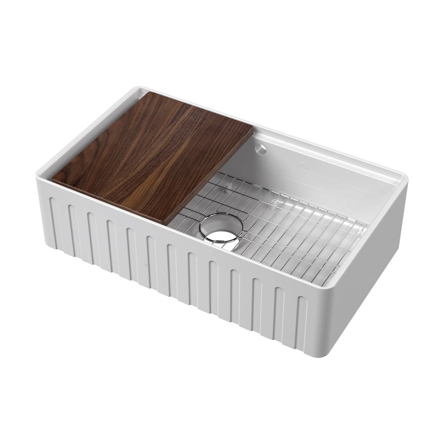 Nuie Fluted Butler Sink With Ledge, Wire Grid And Chopping Board - White