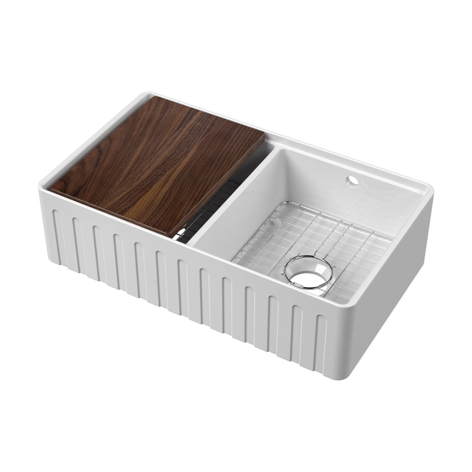 Nuie Fluted Butler Sink With Ledge, Wire Grid And Chopping Board - White