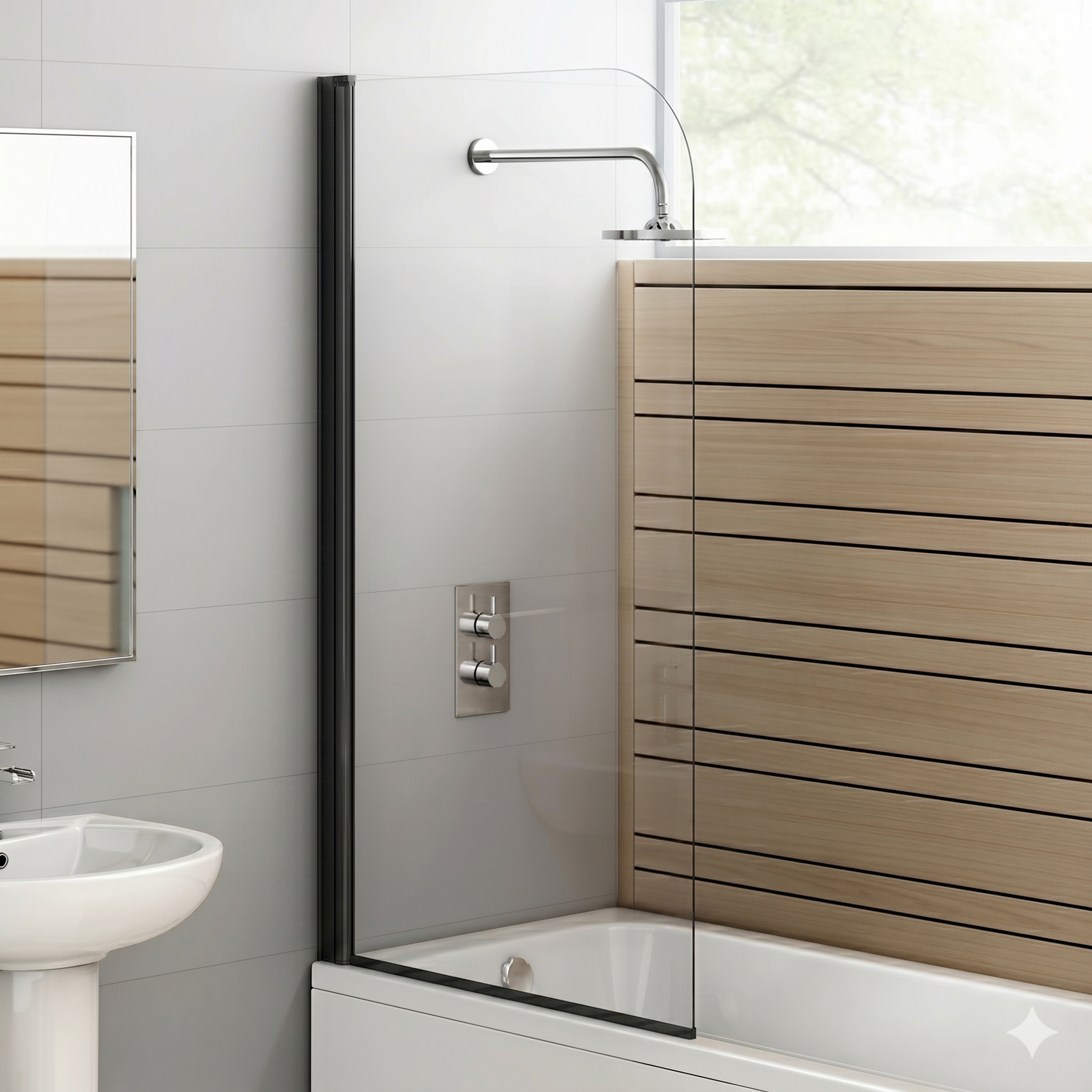 Modern Curved Edge Straight Bath Screen - 6mm Glass - 1400mm x 800mm - Chrome