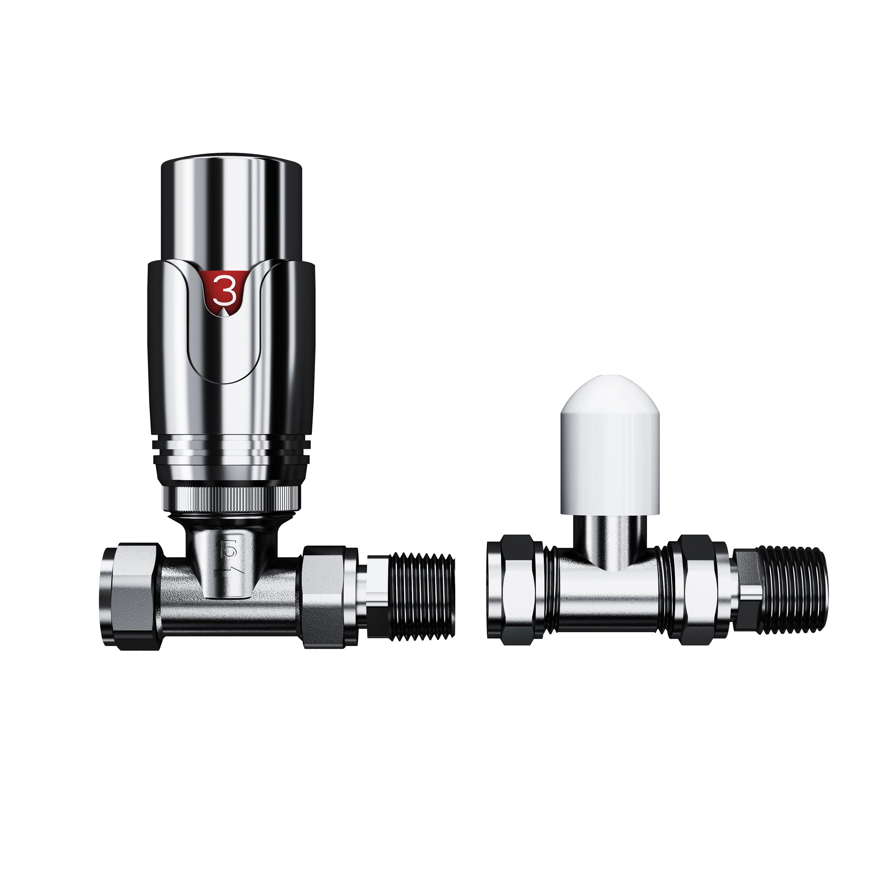 The iBathUK Pro 1/2 Thermostatic Radiator Valve TRV and Lockshield set features a chrome finish, numbered temperature control knob, white plastic cap, and threaded connections, as displayed on a white background.