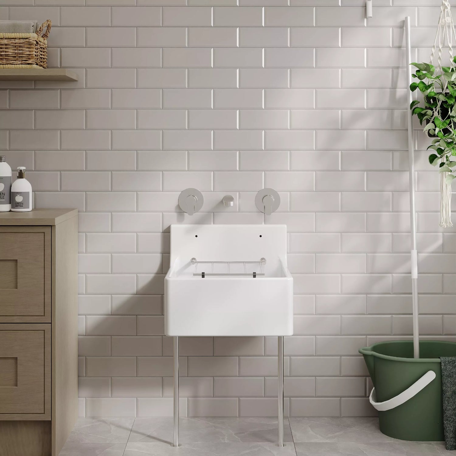 Nuie Single Bowl Traditional Cleaner Sink With Grid, Legs, Wall Bracket And Backsplash - White