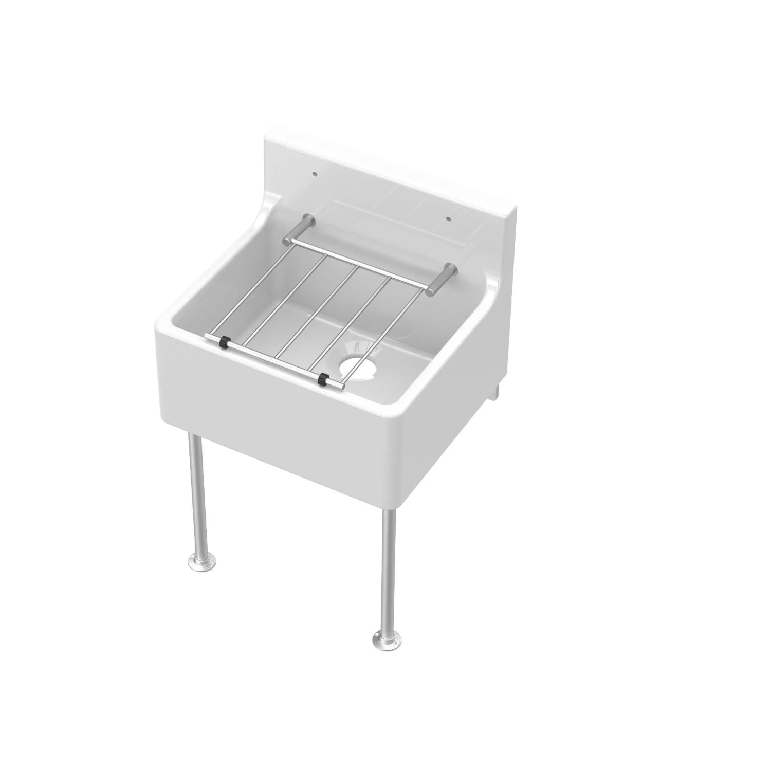 Nuie Single Bowl Traditional Cleaner Sink With Grid, Legs, Wall Bracket And Backsplash - White