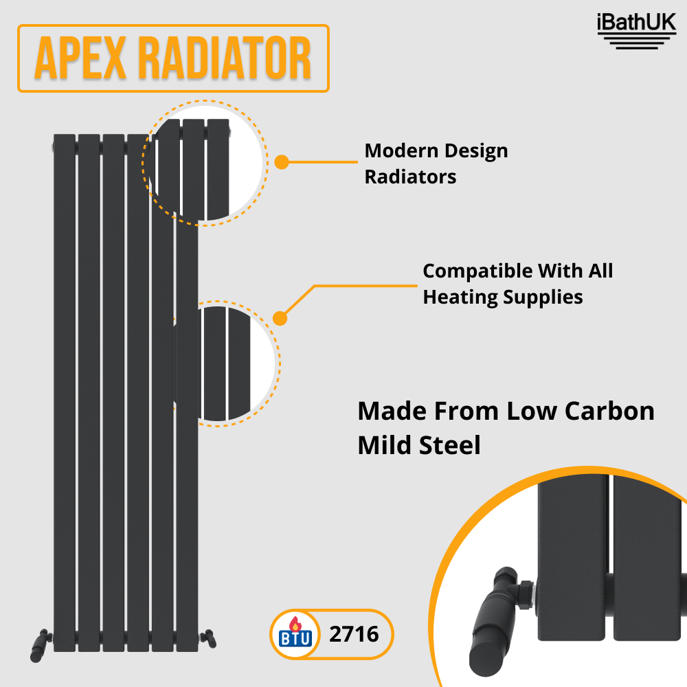 iBathUK Apex Vertical Single Panel Slim Flat Radiator, Designer Slim Radiator
