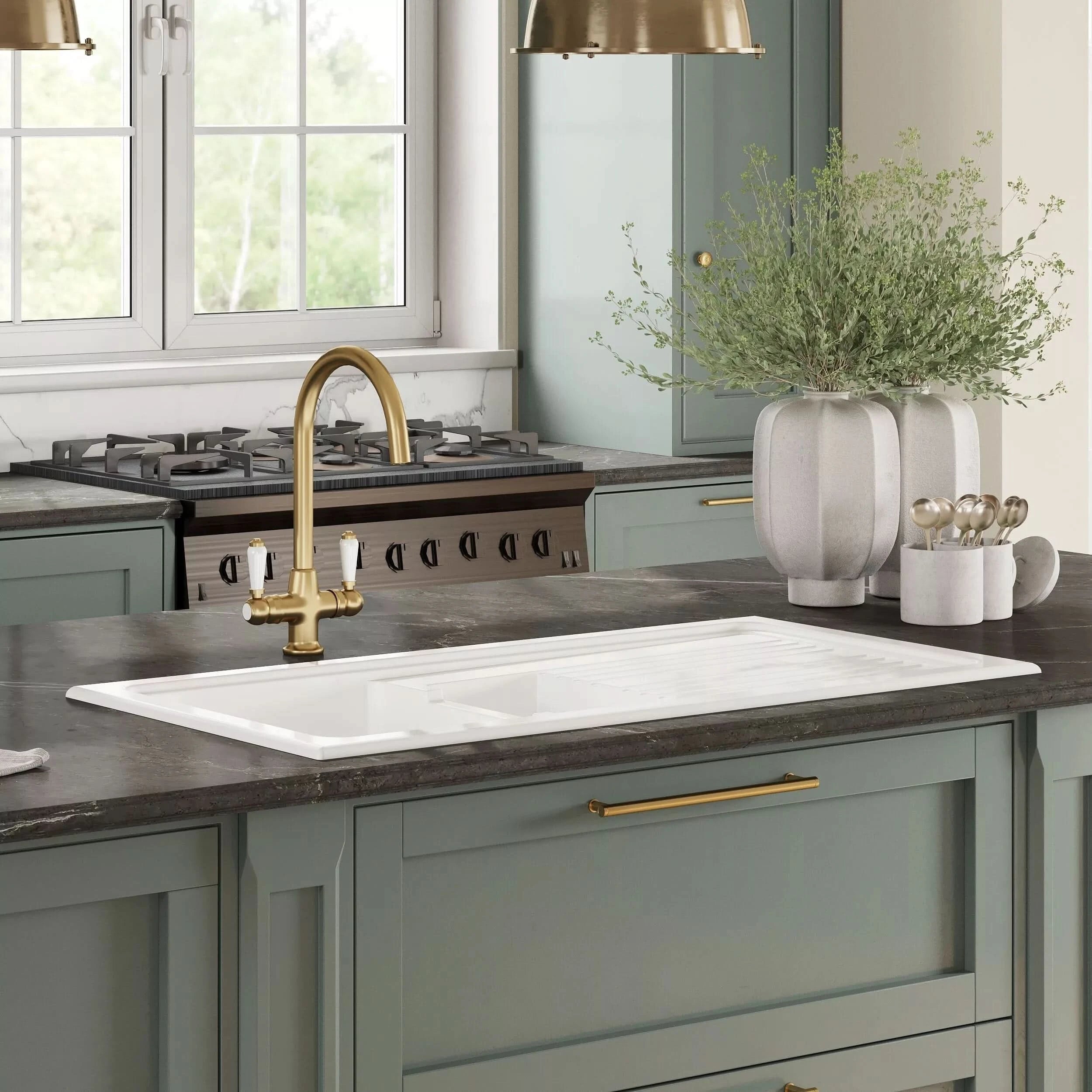 Nuie 1010mm 1.5 Bowl Rectangular Fluted Countertop Drainer Sink