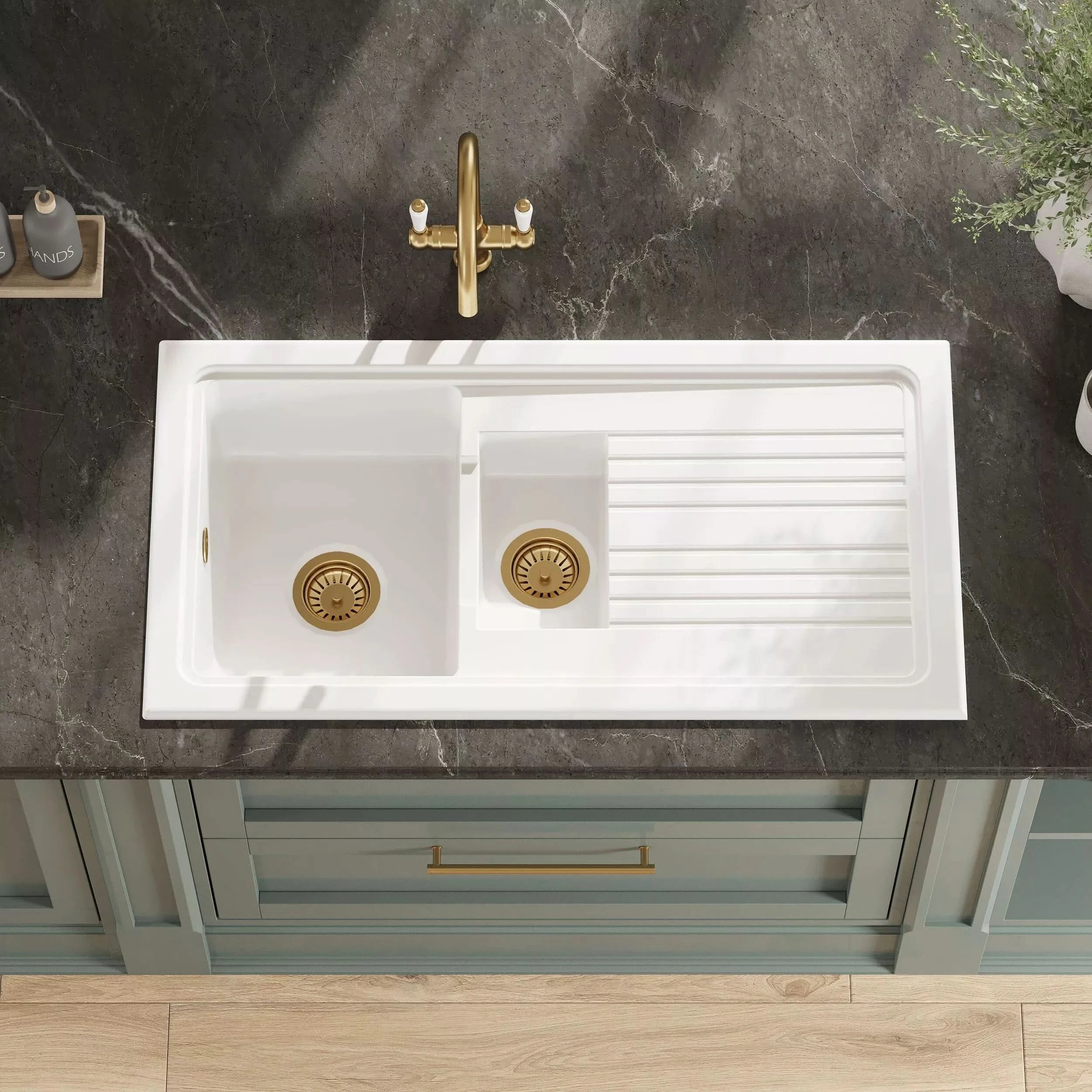 Nuie 1010mm 1.5 Bowl Rectangular Fluted Countertop Drainer Sink