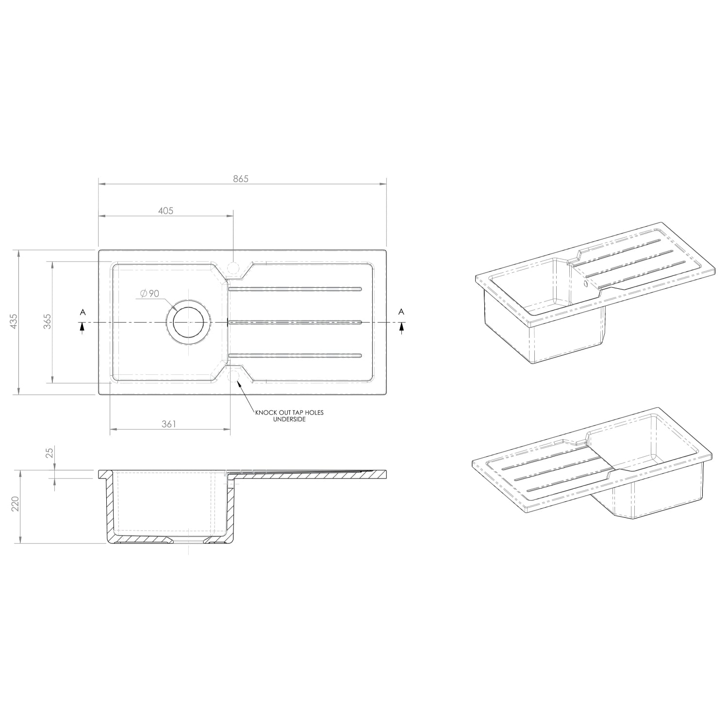 Nuie 865mm Single Bowl Compact Countertop Drainer Sink - White