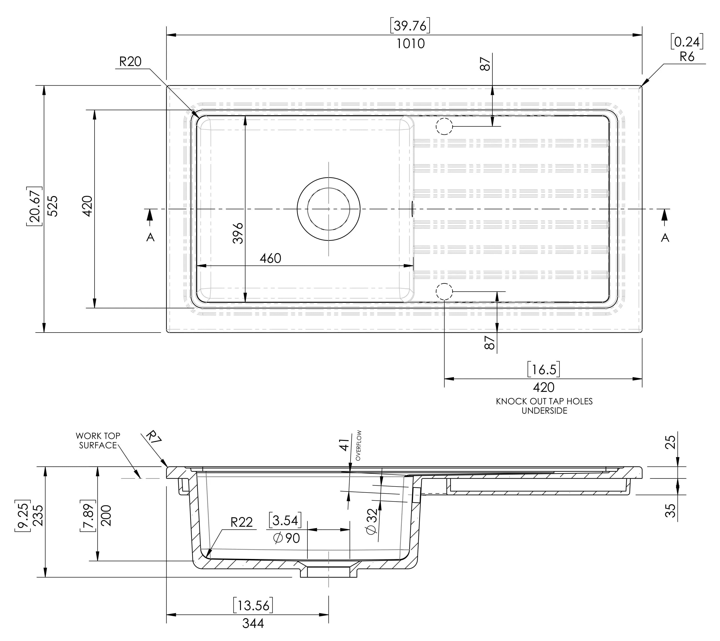 Nuie 1010mm Single Bowl Rectangular Fluted Countertop Drainer Sink